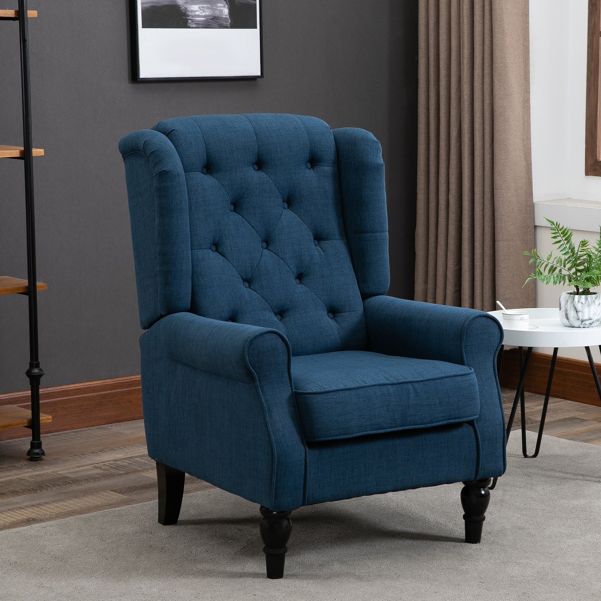 wing chair upholstered armchair with button tufting, high backrest, rounded armrests, wooden legs, for bedroom, living room, up to 160 kg, Blue