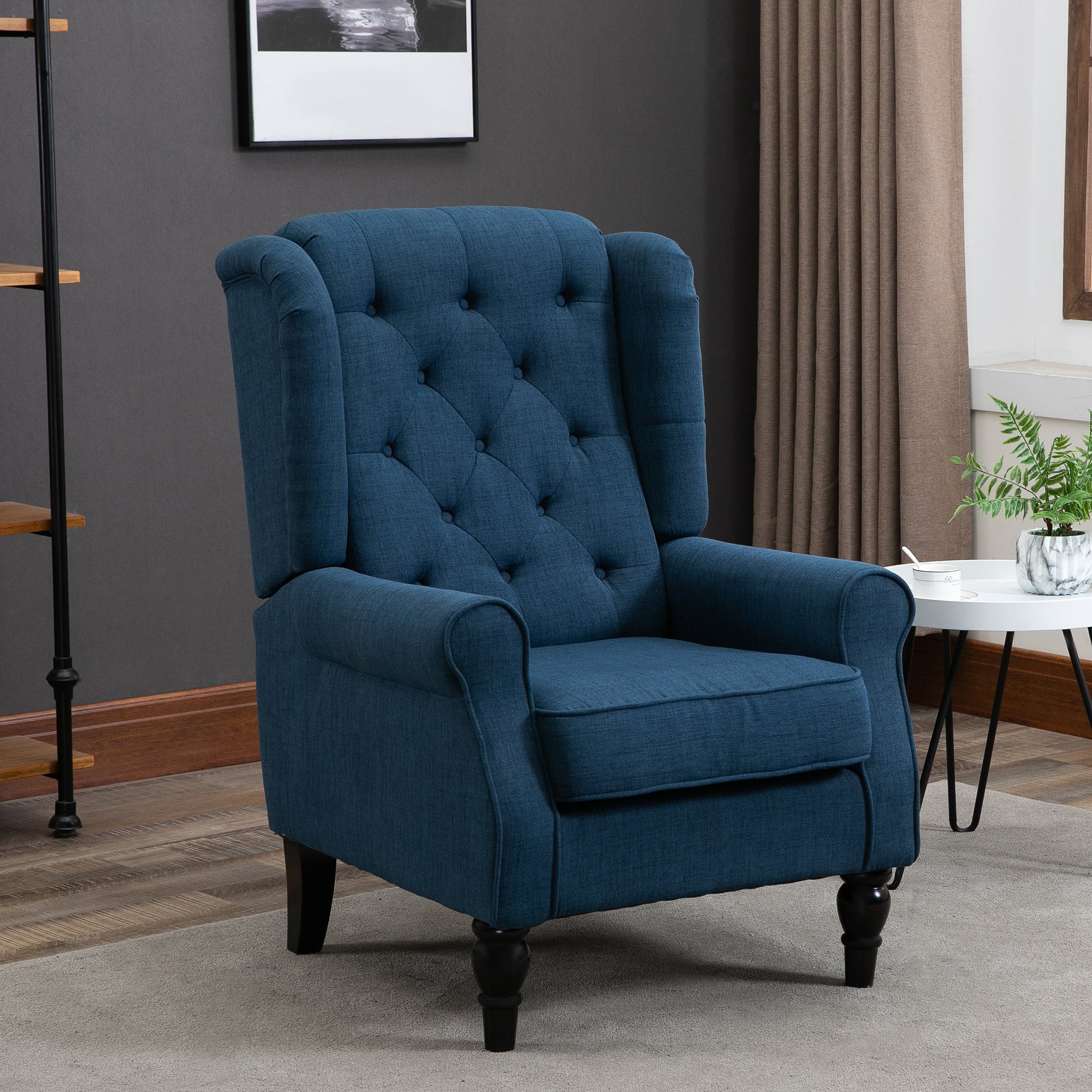 wing chair upholstered armchair with button tufting, high backrest, rounded armrests, wooden legs, for bedroom, living room, up to 160 kg, Blue