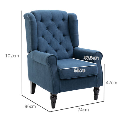 wing chair upholstered armchair with button tufting, high backrest, rounded armrests, wooden legs, for bedroom, living room, up to 160 kg, Blue