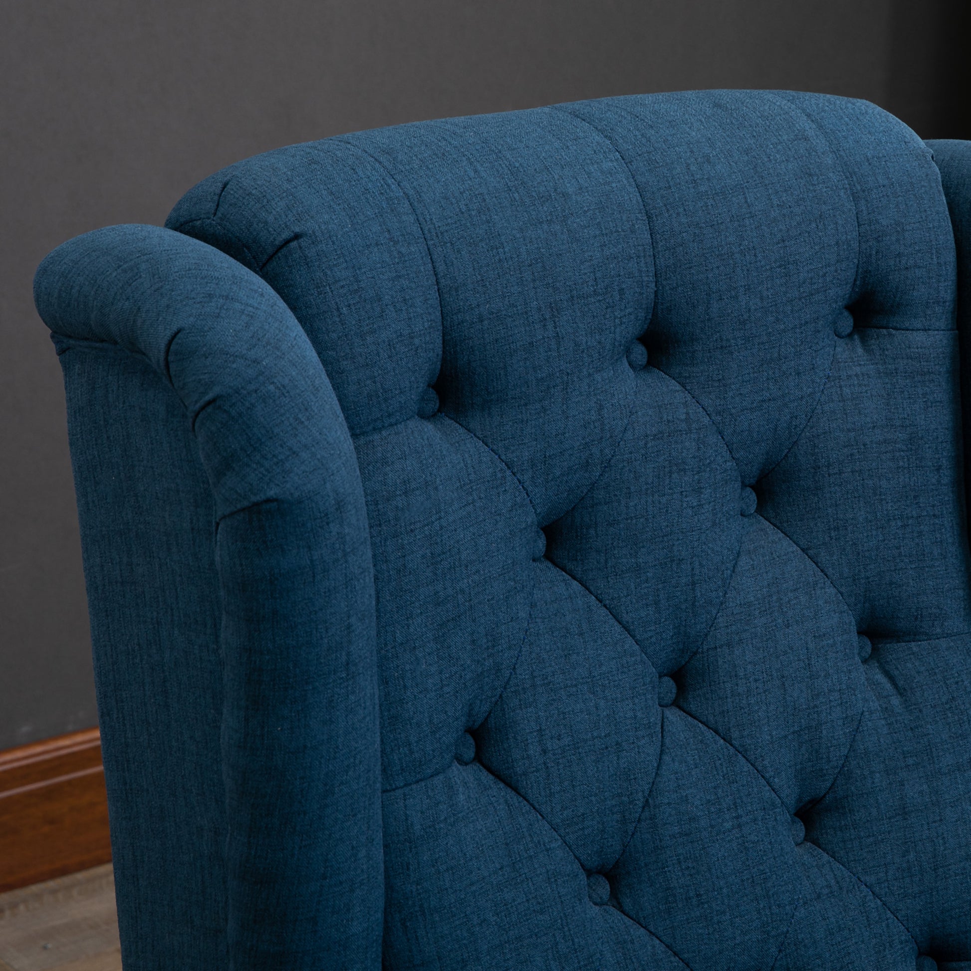 wing chair upholstered armchair with button tufting, high backrest, rounded armrests, wooden legs, for bedroom, living room, up to 160 kg, Blue