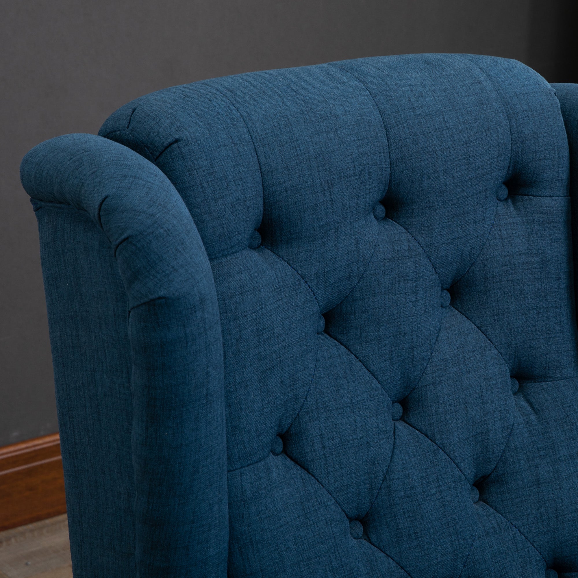 wing chair upholstered armchair with button tufting, high backrest, rounded armrests, wooden legs, for bedroom, living room, up to 160 kg, Blue