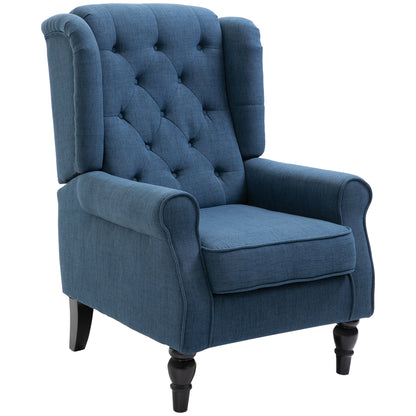 wing chair upholstered armchair with button tufting, high backrest, rounded armrests, wooden legs, for bedroom, living room, up to 160 kg, Blue