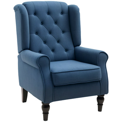 wing chair upholstered armchair with button tufting, high backrest, rounded armrests, wooden legs, for bedroom, living room, up to 160 kg, Blue