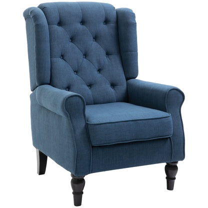 wing chair upholstered armchair with button tufting, high backrest, rounded armrests, wooden legs, for bedroom, living room, up to 160 kg, Blue