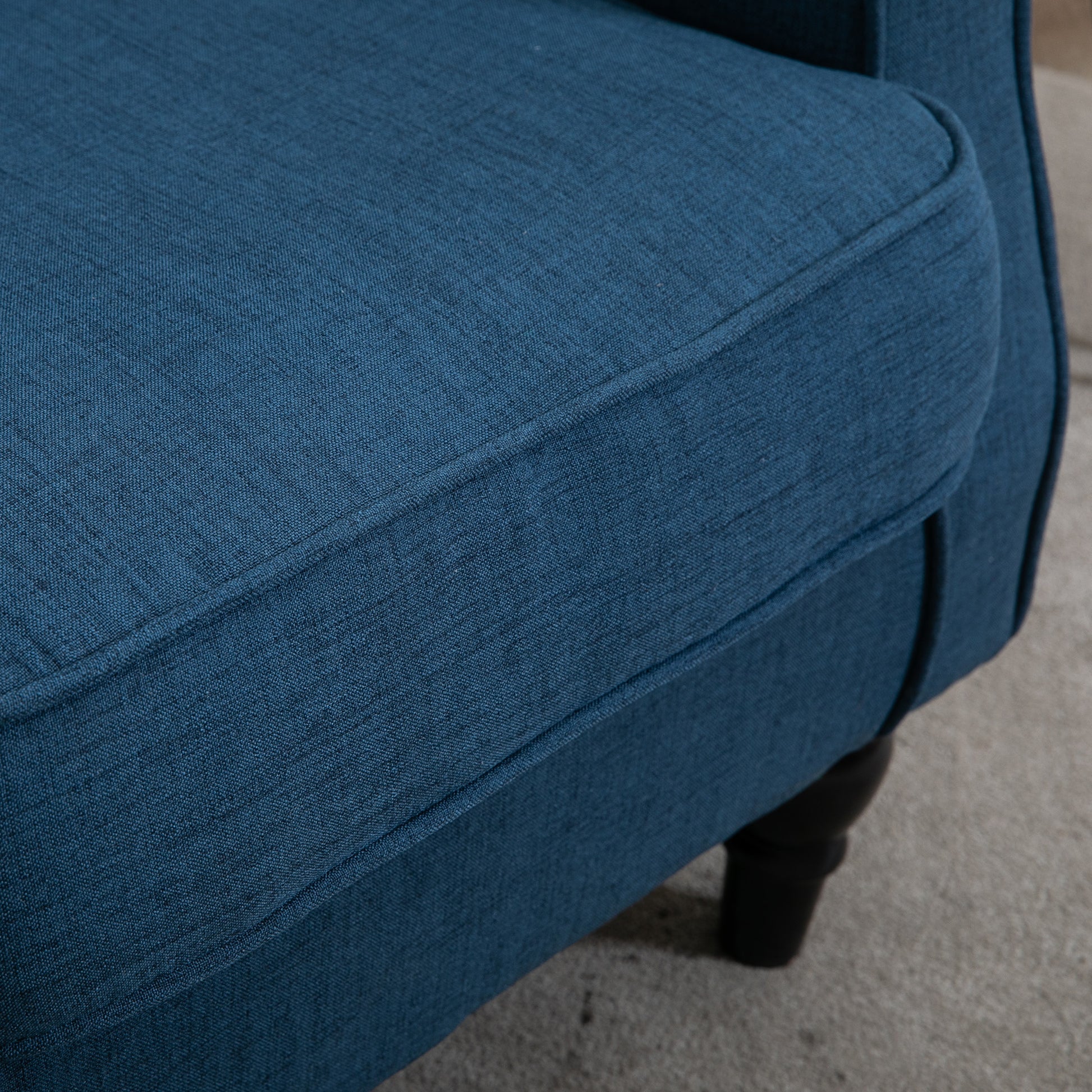 wing chair upholstered armchair with button tufting, high backrest, rounded armrests, wooden legs, for bedroom, living room, up to 160 kg, Blue