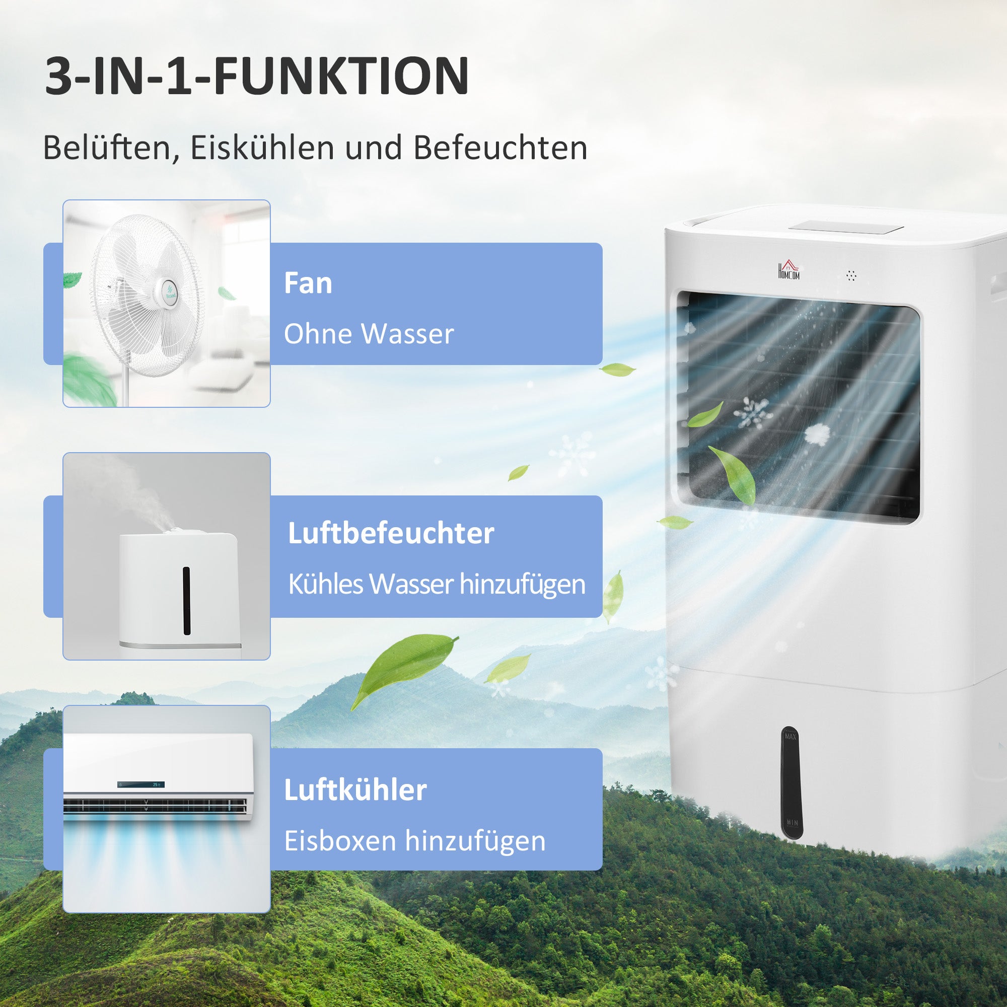 3 in 1 Mobile Air Conditioner with Humidification Water Cooling 15L 60° Oscillating Air Conditioning Unit 65W Air Cooler with 8h Timer, Remote Control, Usage Area 20 ㎡ White 32 x 37 x 69 cm
