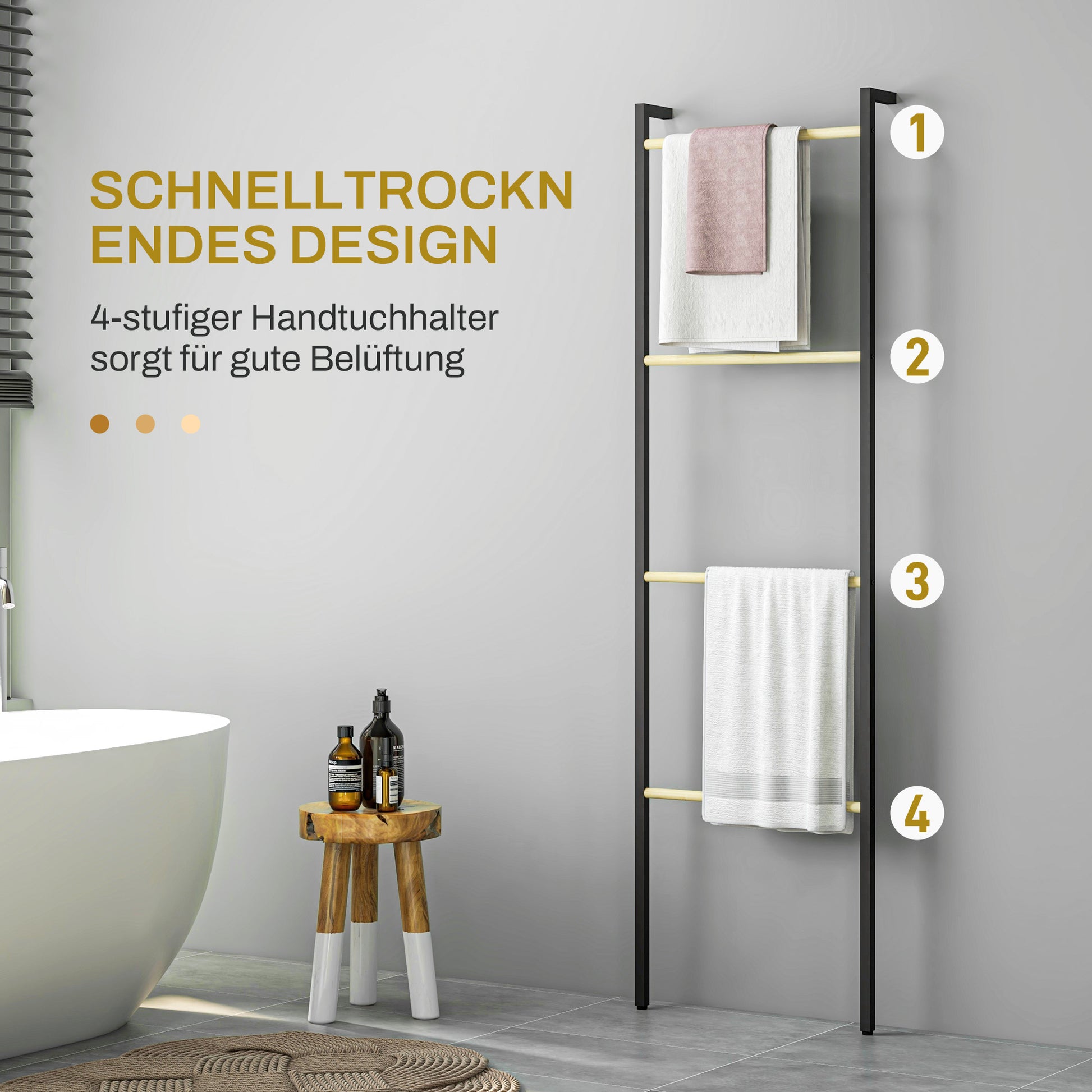 Towel Ladder 49 x 167.5 cm Towel Rack with 4 Bars, Space-Saving, for Bath Towels, Clothes, Blankets, Newspapers, Steel, Black
