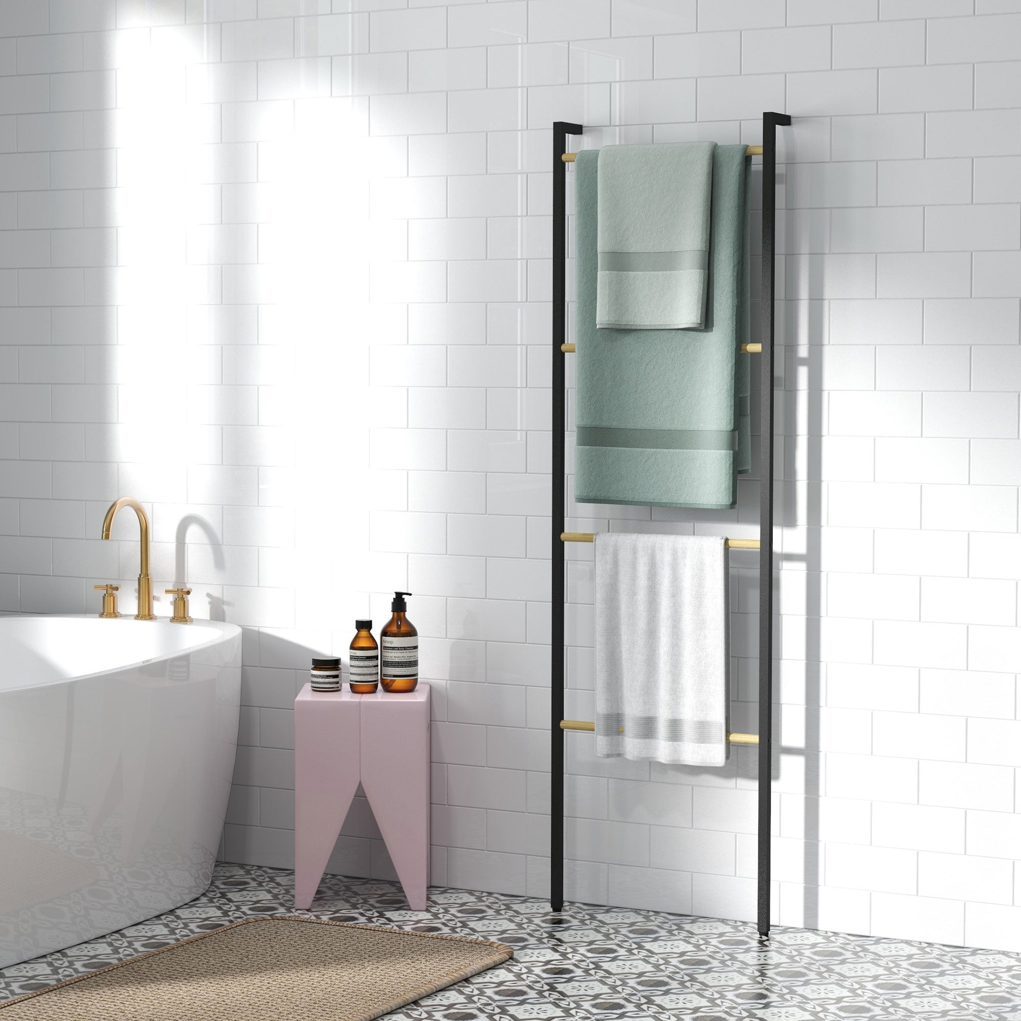 Towel Ladder 49 x 167.5 cm Towel Rack with 4 Bars, Space-Saving, for Bath Towels, Clothes, Blankets, Newspapers, Steel, Black