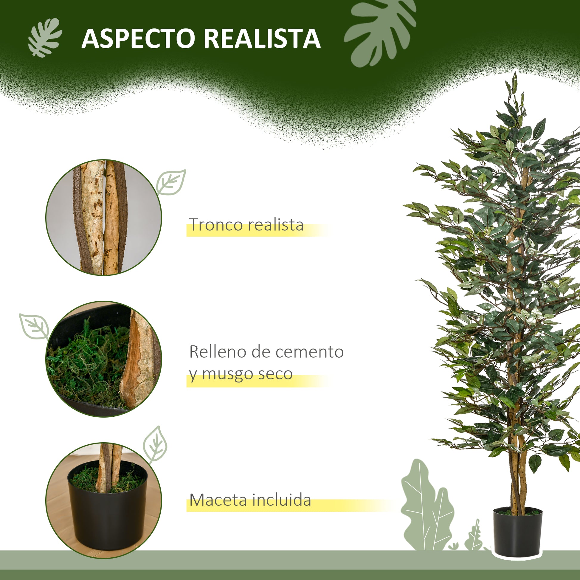 Artificial Ficus Tree with Trunks 150 cm Fake Plant with Pots and 1008 Realistic Leaves for Home Decoration Living Room Bedroom Ø17x150 cm Green