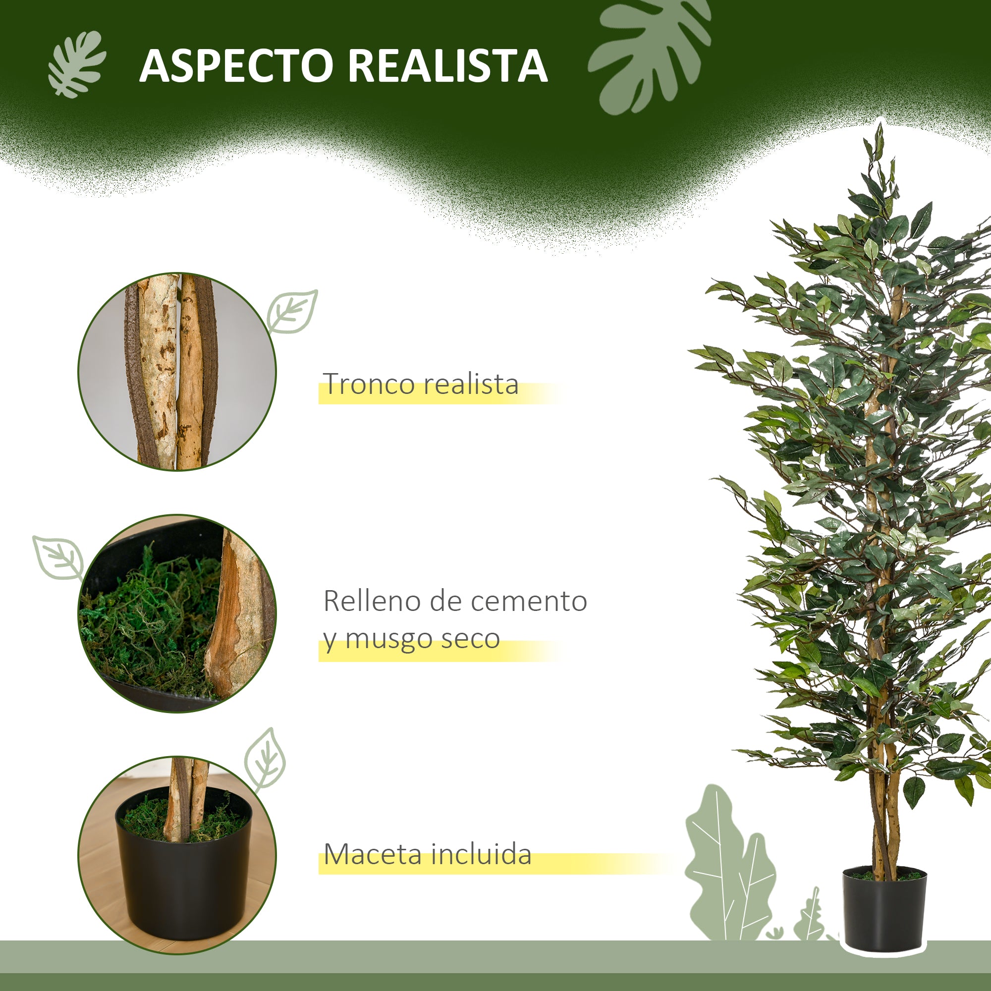 Artificial Ficus Tree with Trunks 150 cm Fake Plant with Pots and 1008 Realistic Leaves for Home Decoration Living Room Bedroom Ø17x150 cm Green