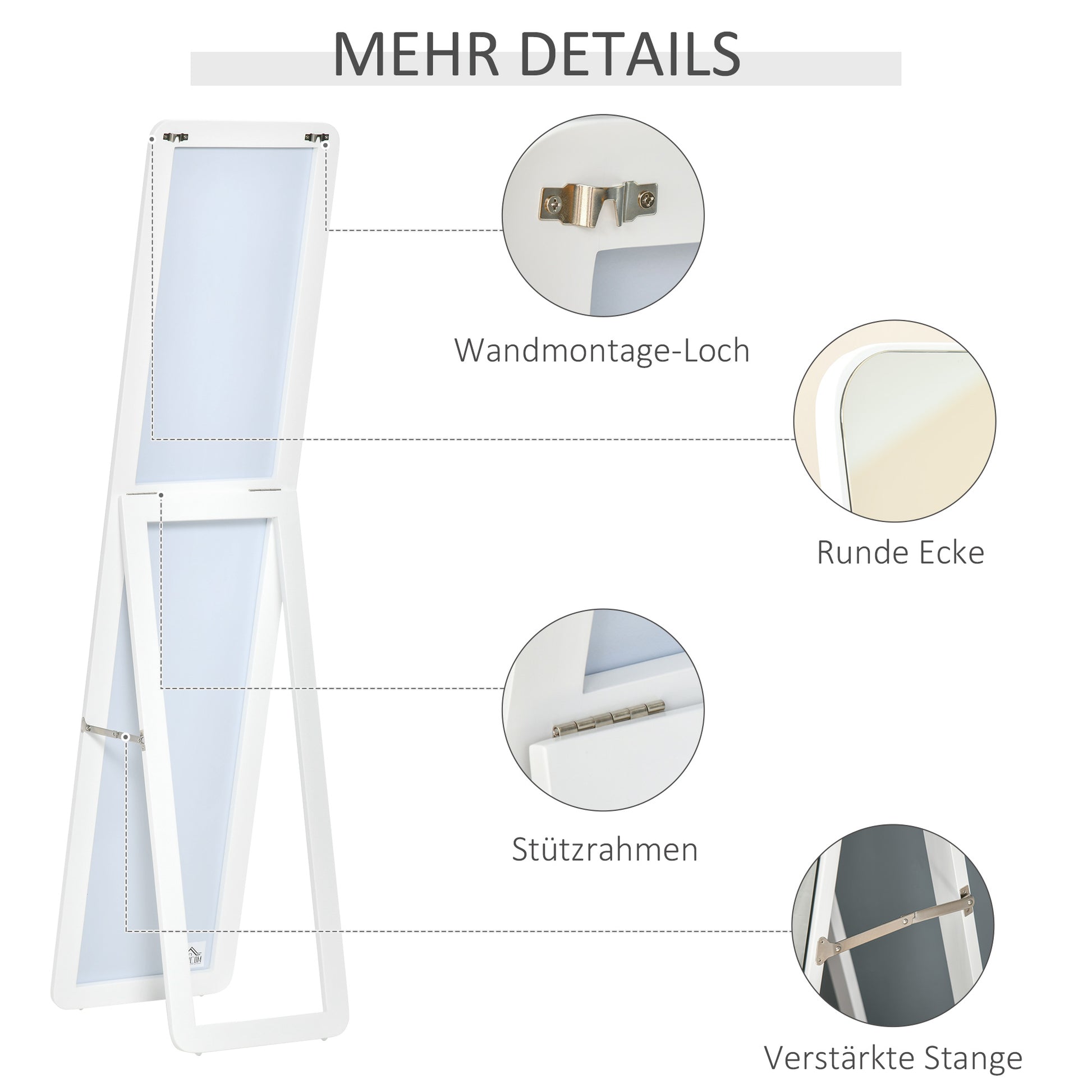 Full-Length Standing Mirror with Folding Frame Makeup Mirror Freestanding or Wall-Mounted Stable for Living Room or Dressing Room Pine Wood MDF White 37 x 43 x 156 cm
