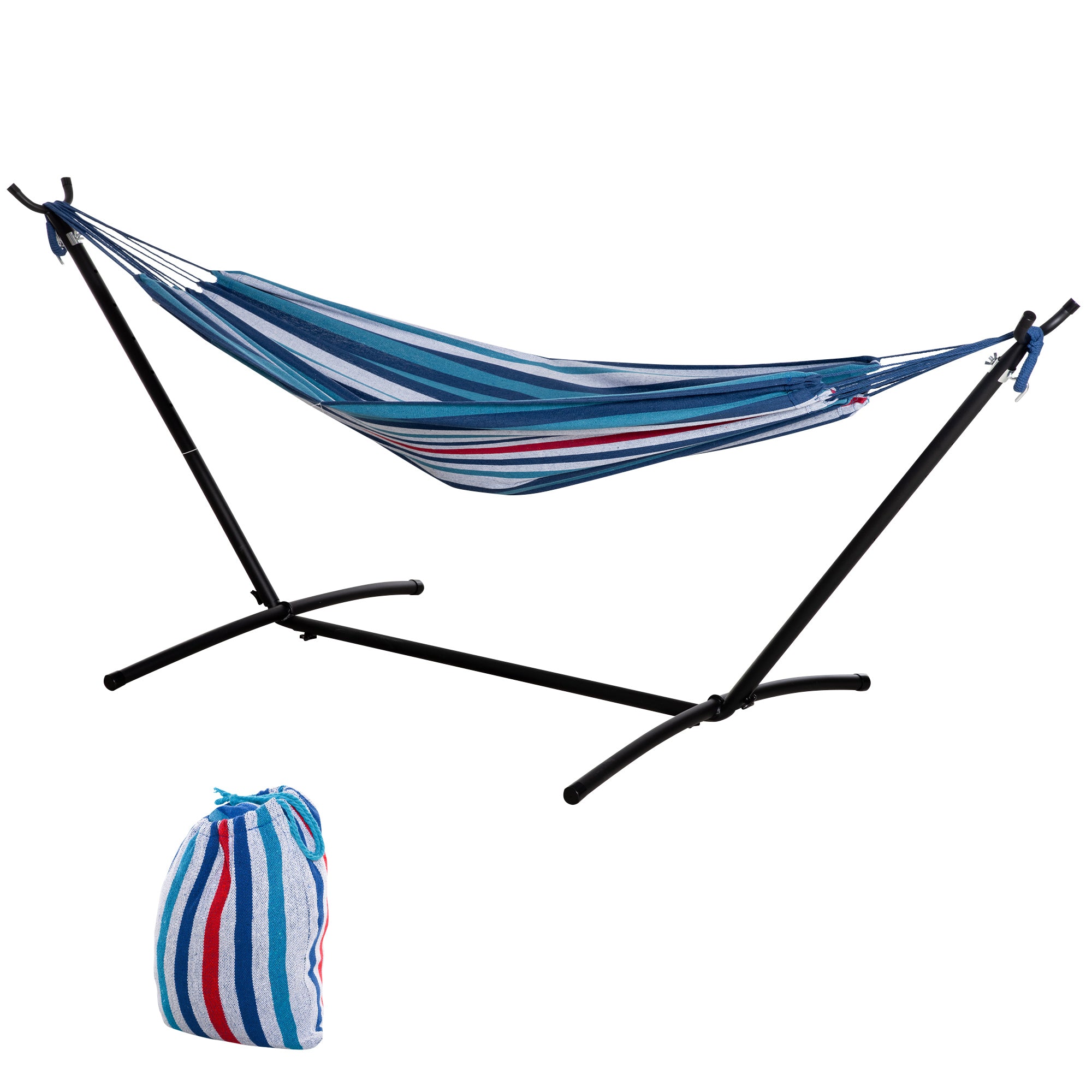 Hammock with Stand 310x117 cm Camping Hammock with Portable Carrying Bag Adjustable Height 120 kg Load for Patio Terrace Blue and White Stripes