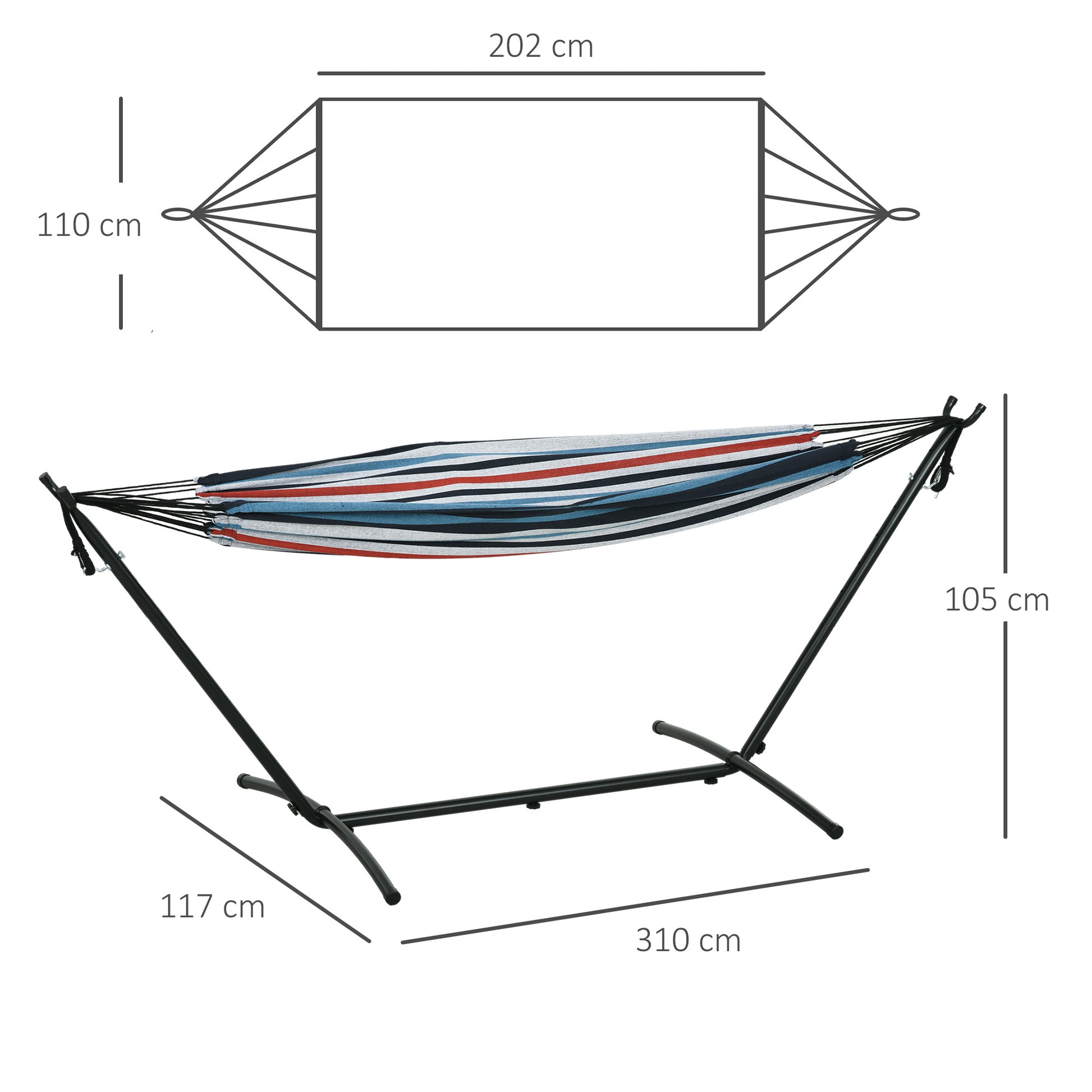 Hammock with Stand 310x117 cm Camping Hammock with Portable Carrying Bag Adjustable Height 120 kg Load for Patio Terrace Blue and White Stripes