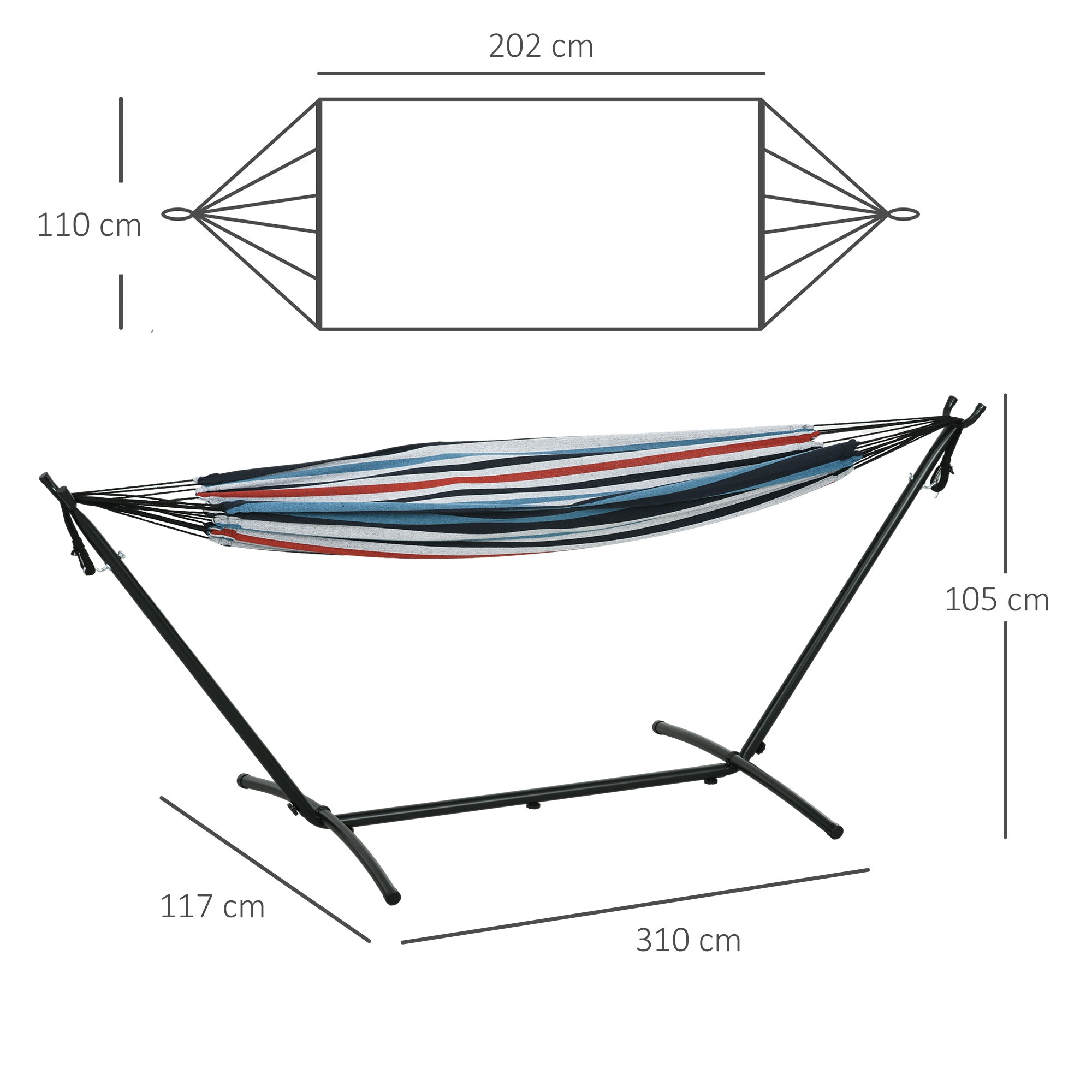 Hammock with Stand 310x117 cm Camping Hammock with Portable Carrying Bag Adjustable Height 120 kg Load for Patio Terrace Blue and White Stripes