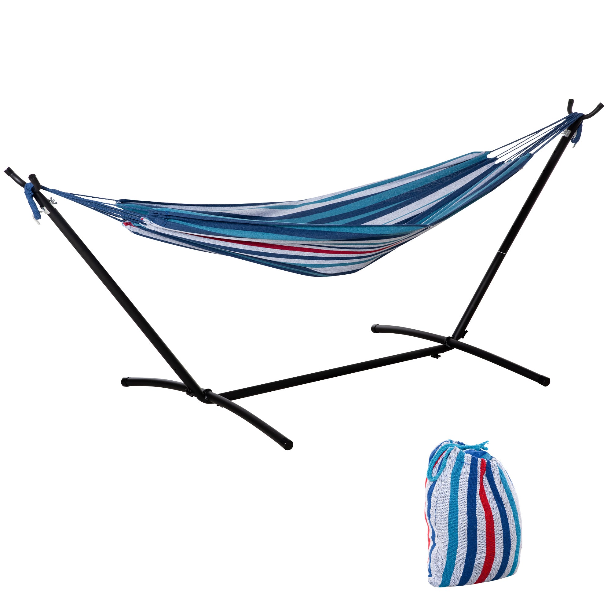Hammock with Stand 310x117 cm Camping Hammock with Portable Carrying Bag Adjustable Height 120 kg Load for Patio Terrace Blue and White Stripes