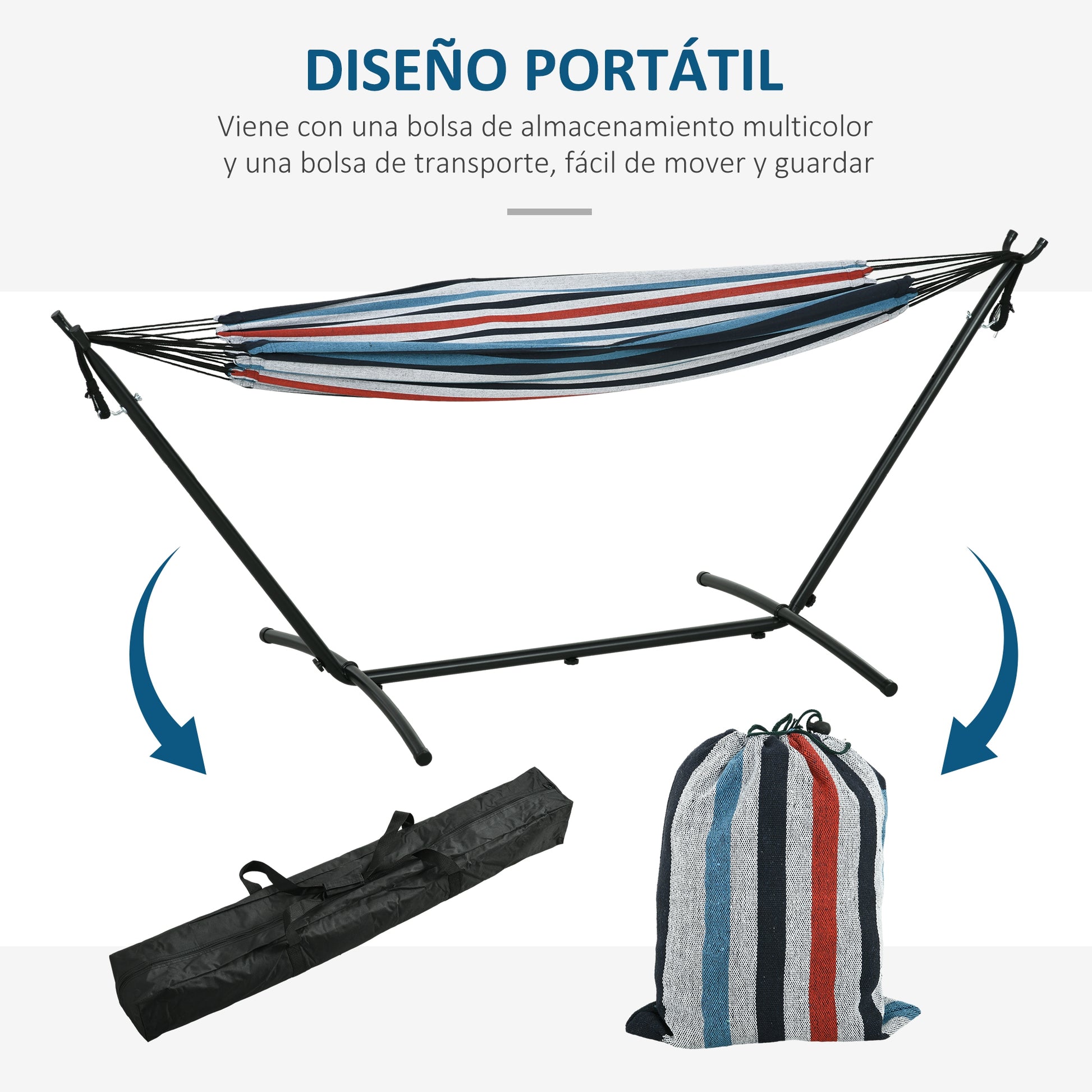 Hammock with Stand 310x117 cm Camping Hammock with Portable Carrying Bag Adjustable Height 120 kg Load for Patio Terrace Blue and White Stripes