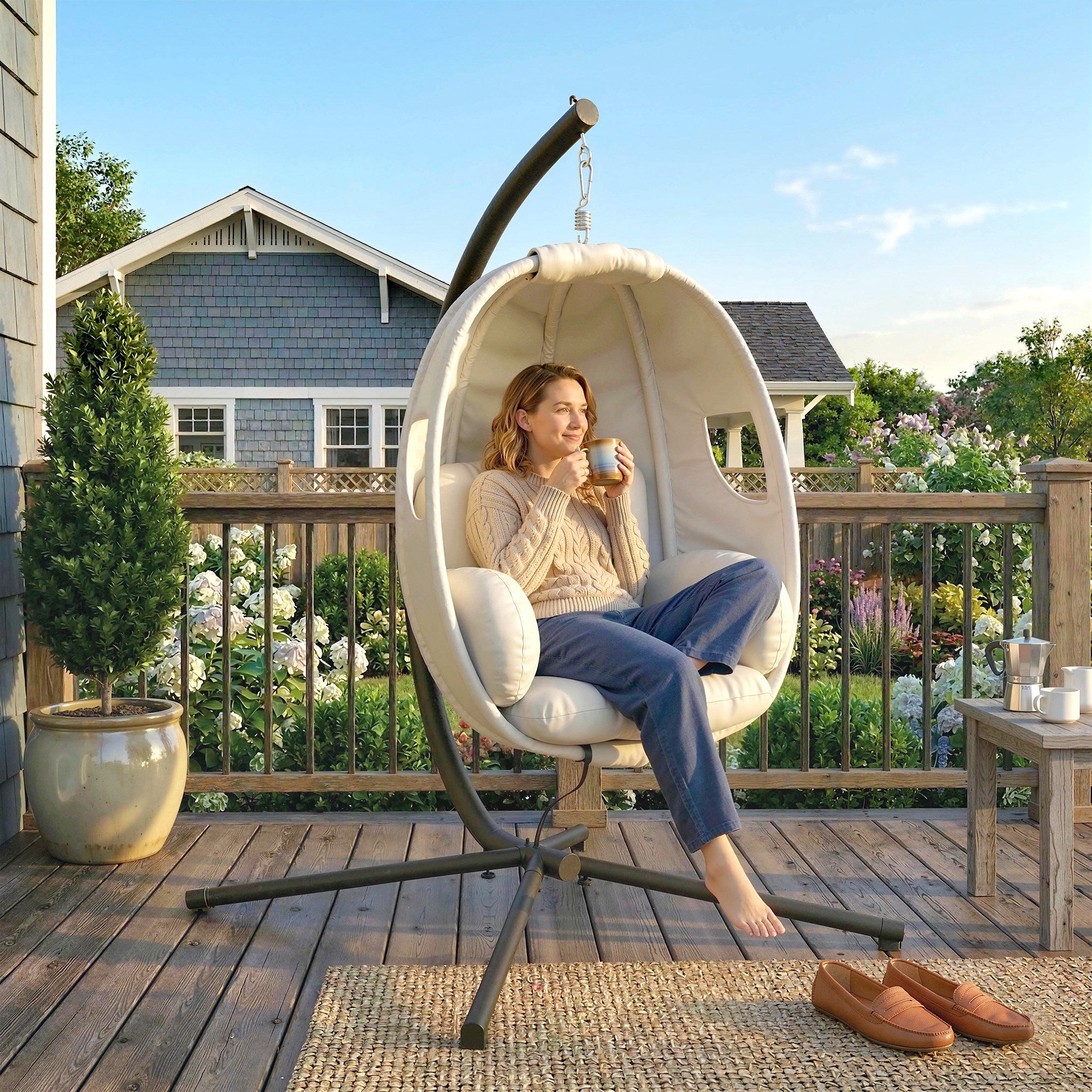 Folding Egg Hanging Chair with Stand — 8 in Padded Cushion, Adjustable Height & Safety Strap, Indoor/Outdoor, Light Gray