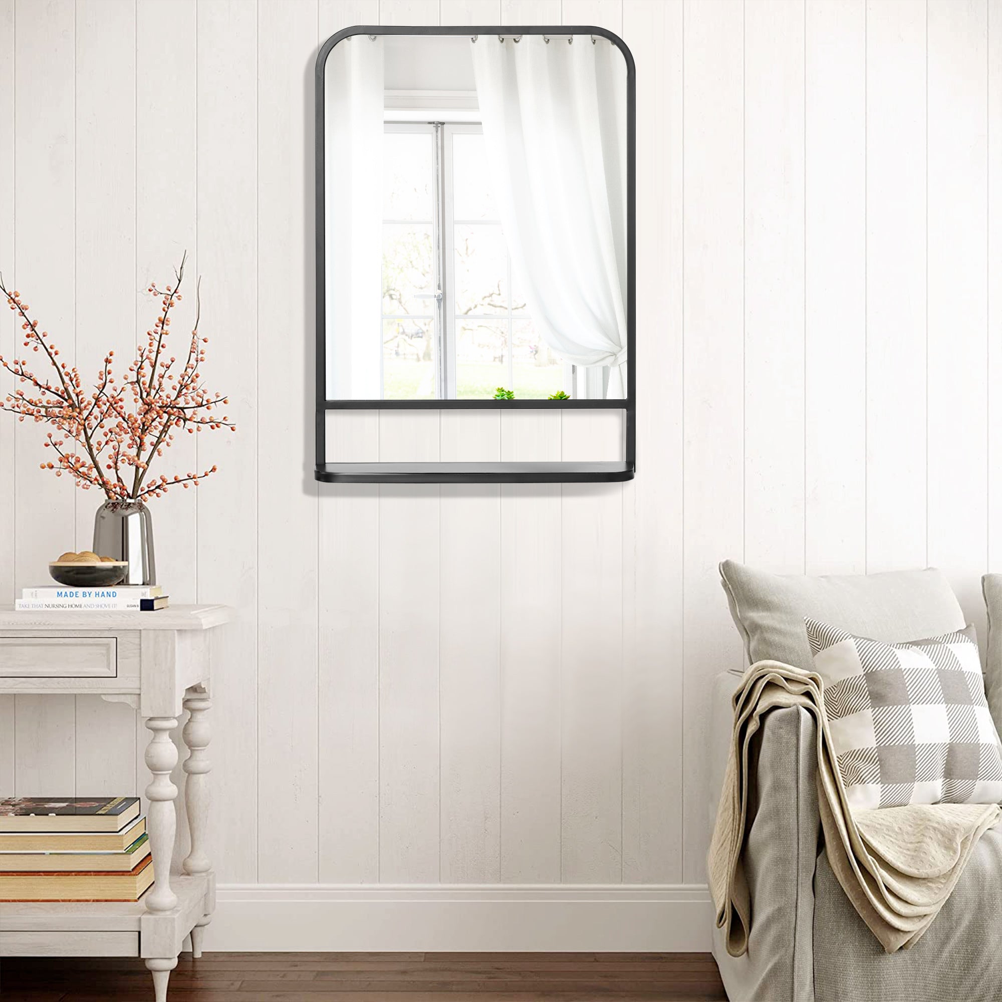 Wall Mirror 70 x 50cm Living Room Mirror Hanging Mirror Decorative Mirror Rectangle with Shelf for Entryway Bedroom Modern Elegant Black