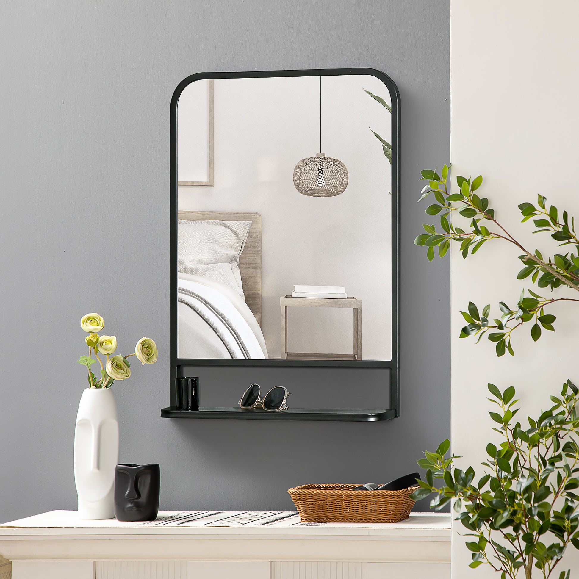 Wall Mirror 70 x 50cm Living Room Mirror Hanging Mirror Decorative Mirror Rectangle with Shelf for Entryway Bedroom Modern Elegant Black