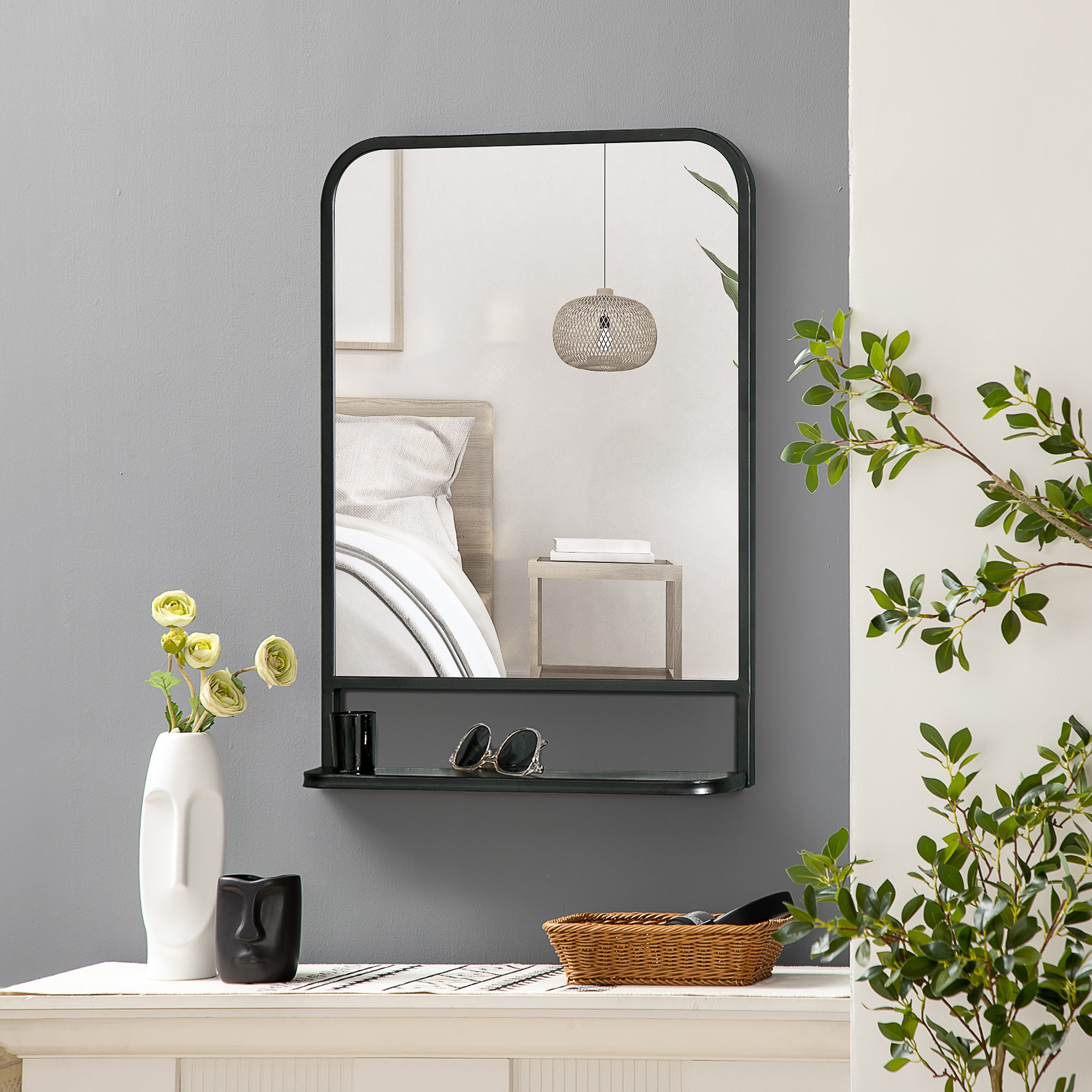 Wall Mirror 70 x 50cm Living Room Mirror Hanging Mirror Decorative Mirror Rectangle with Shelf for Entryway Bedroom Modern Elegant Black