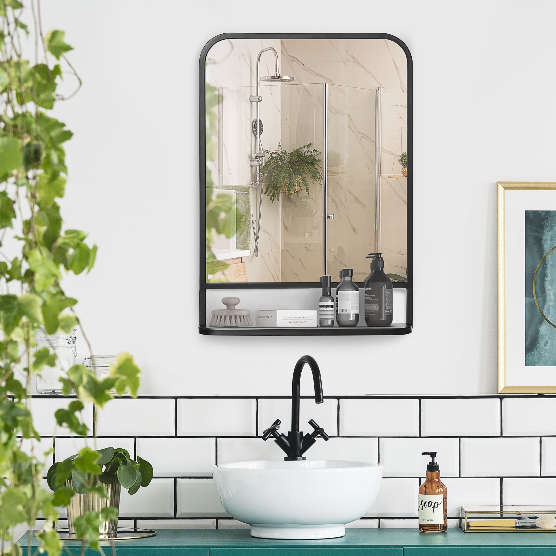 Wall Mirror 70 x 50cm Living Room Mirror Hanging Mirror Decorative Mirror Rectangle with Shelf for Entryway Bedroom Modern Elegant Black