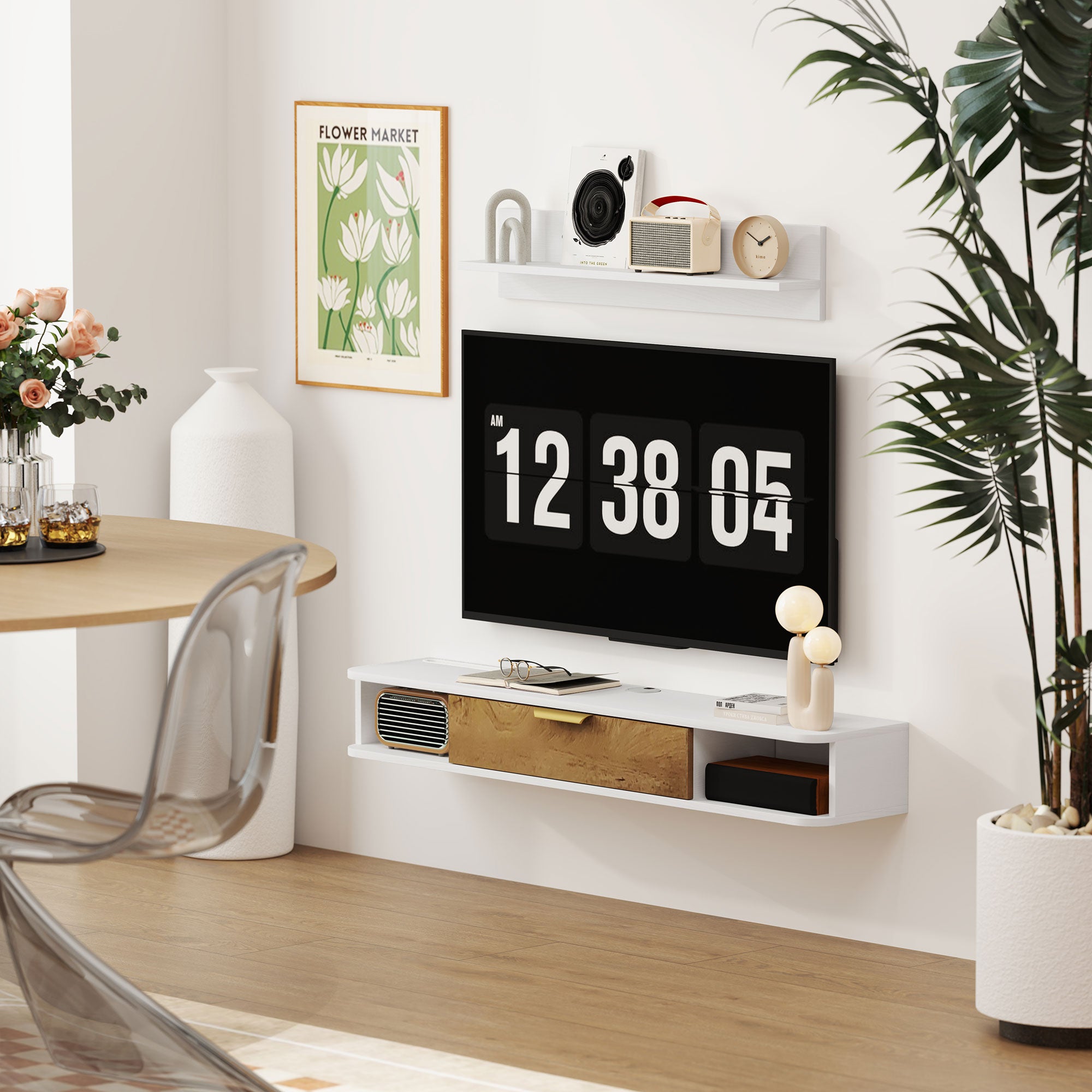 Living Room Furniture Dining Room Furniture with Wall Shelf TV Stand Cabinet Compartments Cable Holes for Wall Mounted Television 120x24x16 cm White