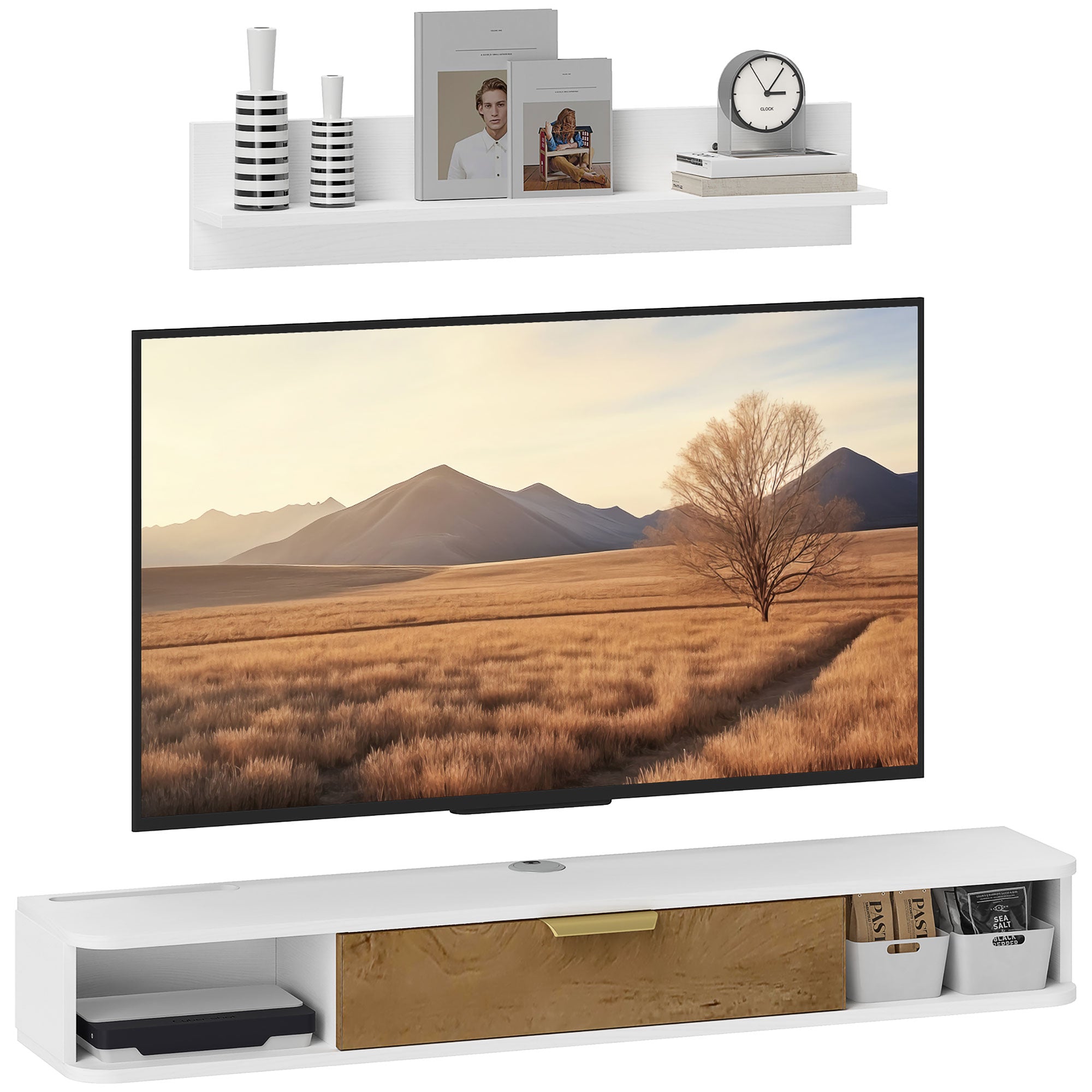Living Room Furniture Dining Room Furniture with Wall Shelf TV Stand Cabinet Compartments Cable Holes for Wall Mounted Television 120x24x16 cm White