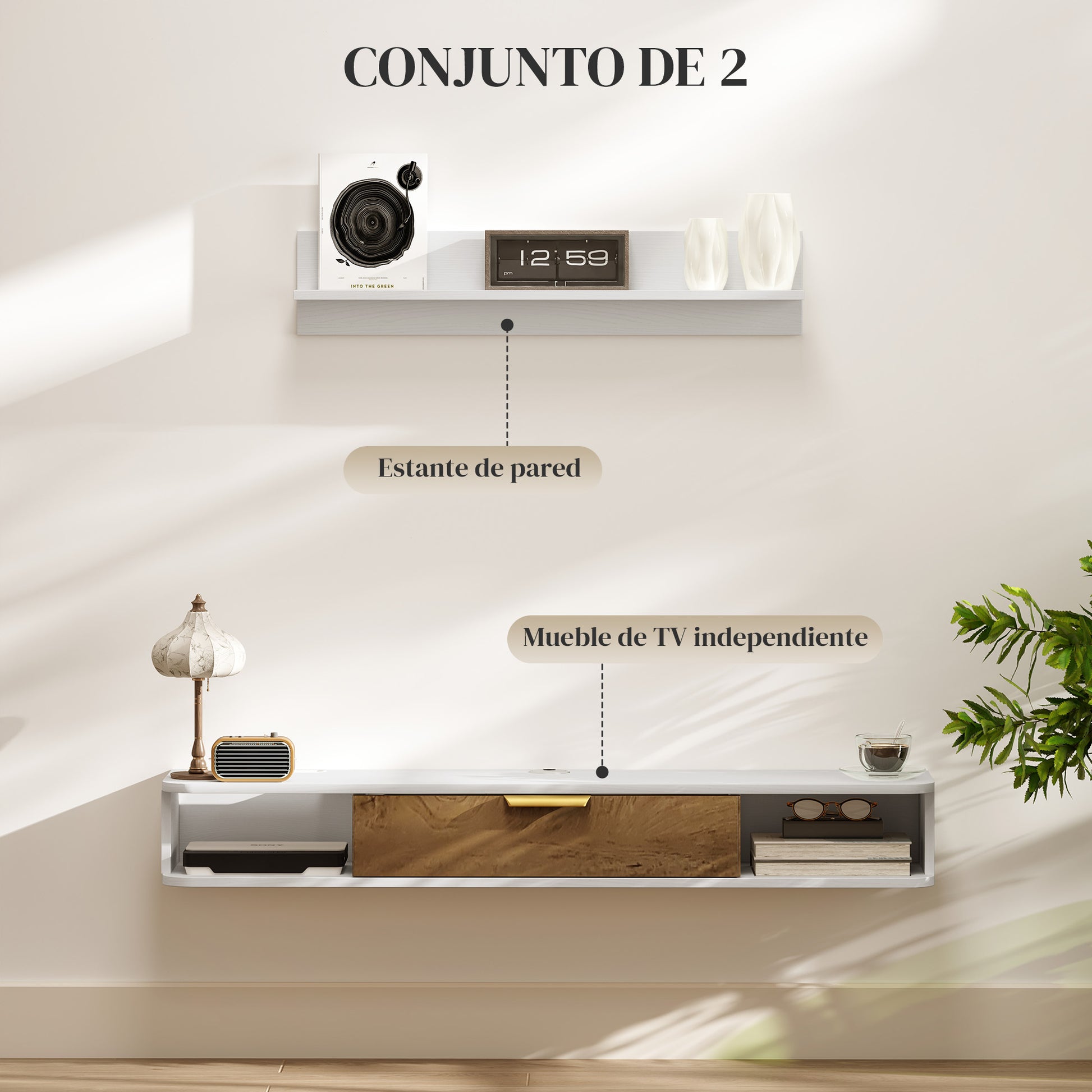Living Room Furniture Dining Room Furniture with Wall Shelf TV Stand Cabinet Compartments Cable Holes for Wall Mounted Television 120x24x16 cm White