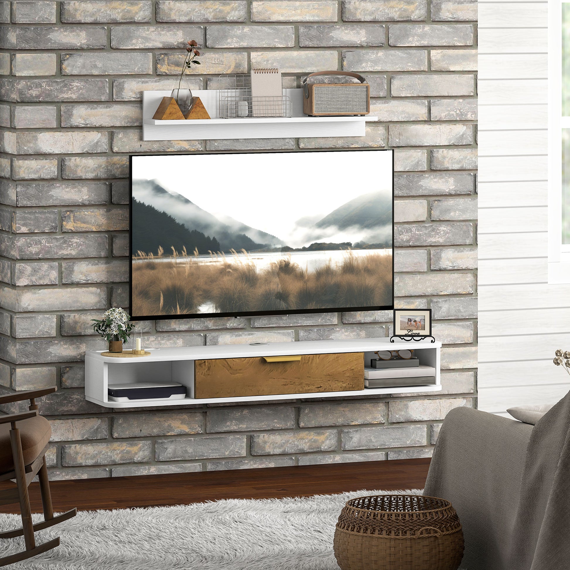Living Room Furniture Dining Room Furniture with Wall Shelf TV Stand Cabinet Compartments Cable Holes for Wall Mounted Television 120x24x16 cm White