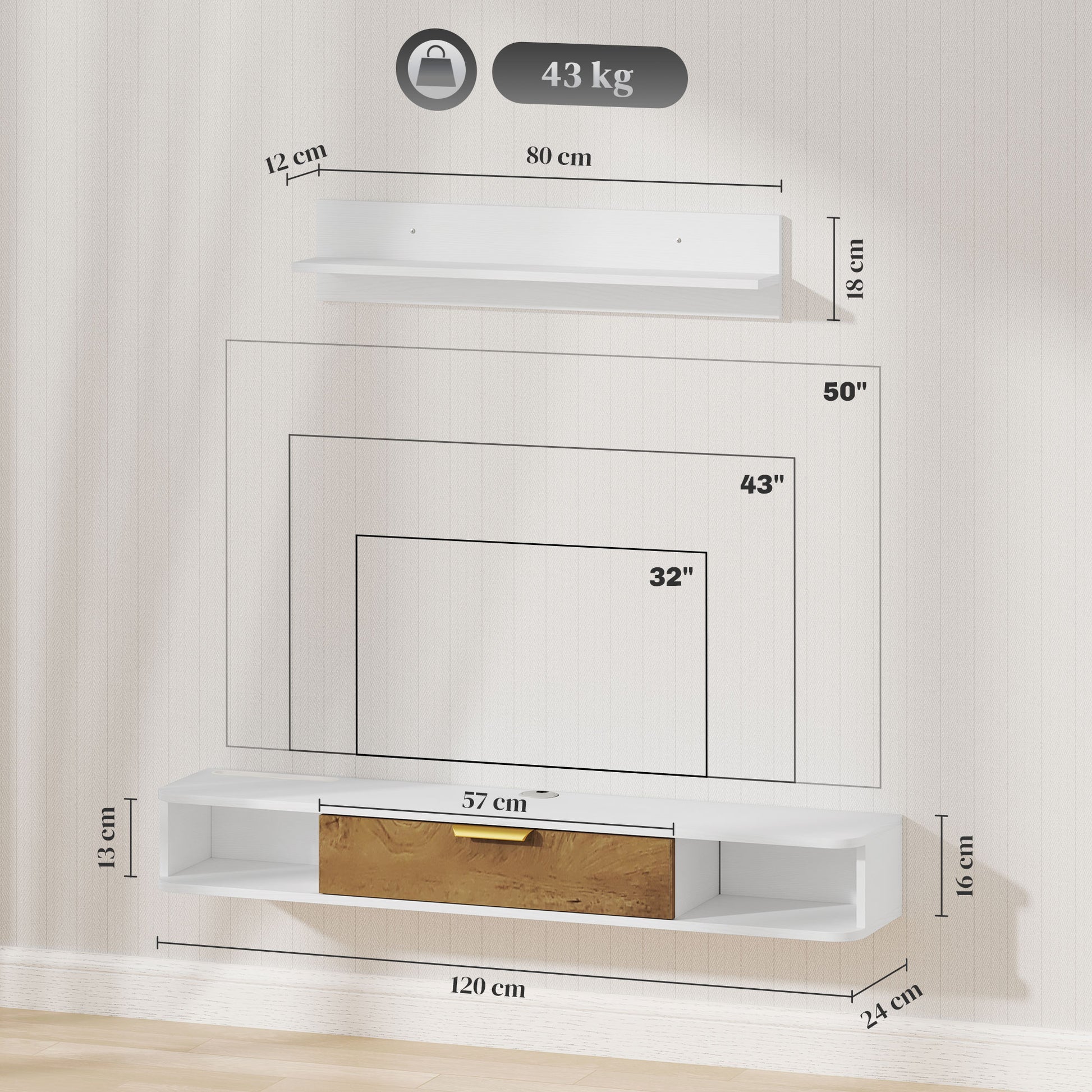Living Room Furniture Dining Room Furniture with Wall Shelf TV Stand Cabinet Compartments Cable Holes for Wall Mounted Television 120x24x16 cm White