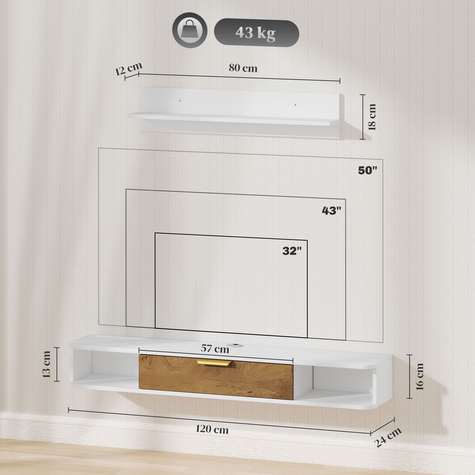 Living Room Furniture Dining Room Furniture with Wall Shelf TV Stand Cabinet Compartments Cable Holes for Wall Mounted Television 120x24x16 cm White
