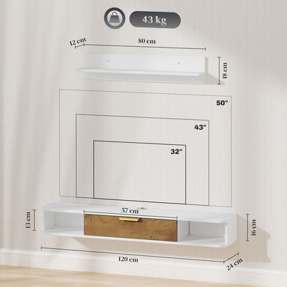 Living Room Furniture Dining Room Furniture with Wall Shelf TV Stand Cabinet Compartments Cable Holes for Wall Mounted Television 120x24x16 cm White