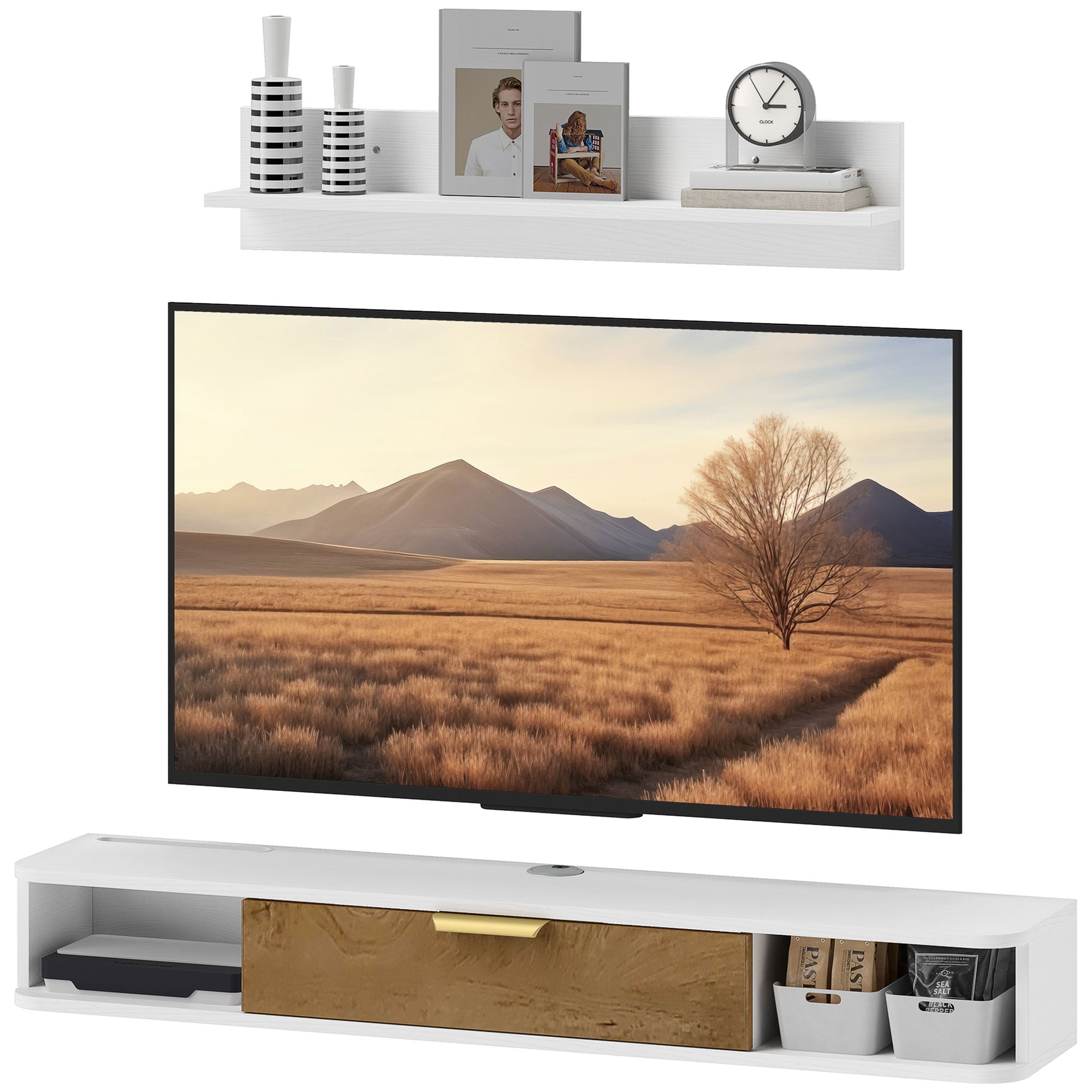 Living Room Furniture Dining Room Furniture with Wall Shelf TV Stand Cabinet Compartments Cable Holes for Wall Mounted Television 120x24x16 cm White