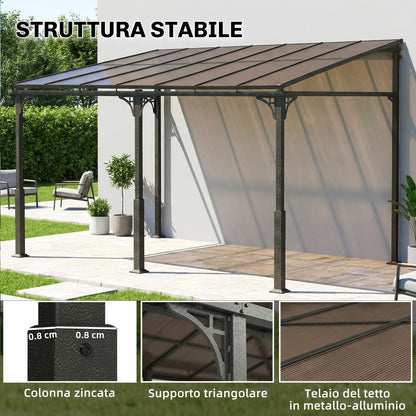 4 x 3 m Wall-Mounted Pergola with 7 mm Polycarbonate Roof — Metal & Aluminum Garden Gazebo, UV Protection, Brown