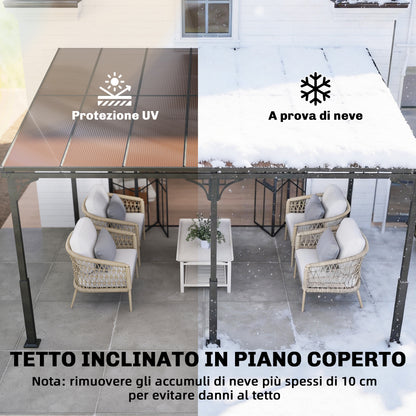 4 x 3 m Wall-Mounted Pergola with 7 mm Polycarbonate Roof — Metal & Aluminum Garden Gazebo, UV Protection, Brown