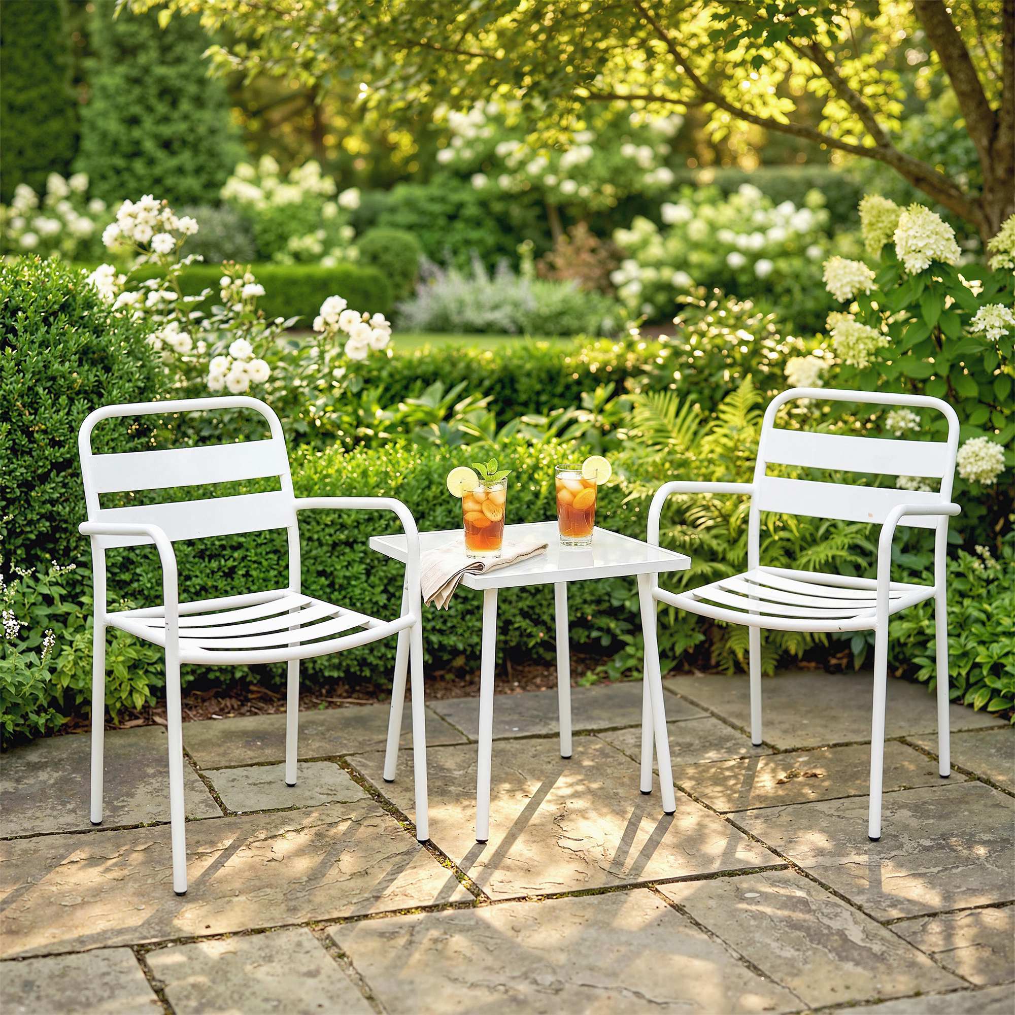 3-Piece Outdoor Garden Bistro Set – Galvanized Steel with 2 Chairs & Tempered Glass Table, Weather-Resistant, White