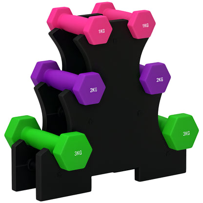 SPORTNOW Hexagonal Dumbbell Set 2 x 1kg 2 x 2kg 2 x 3kg with Storage Stand for Home Gym Exercise Training Multicolor