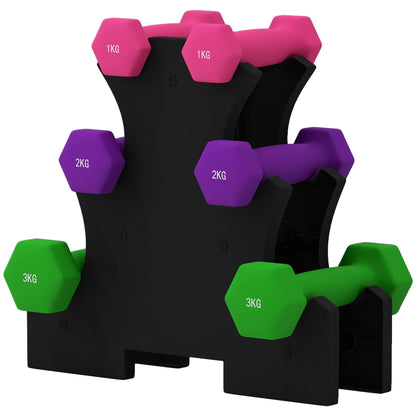 SPORTNOW Hexagonal Dumbbell Set 2 x 1kg 2 x 2kg 2 x 3kg with Storage Stand for Home Gym Exercise Training Multicolor