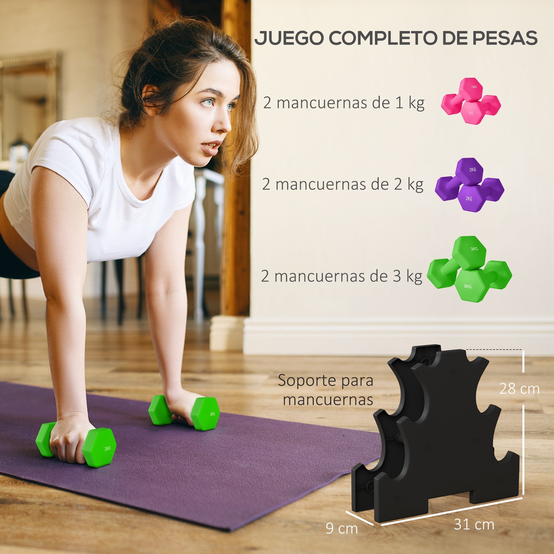 SPORTNOW Hexagonal Dumbbell Set 2 x 1kg 2 x 2kg 2 x 3kg with Storage Stand for Home Gym Exercise Training Multicolor