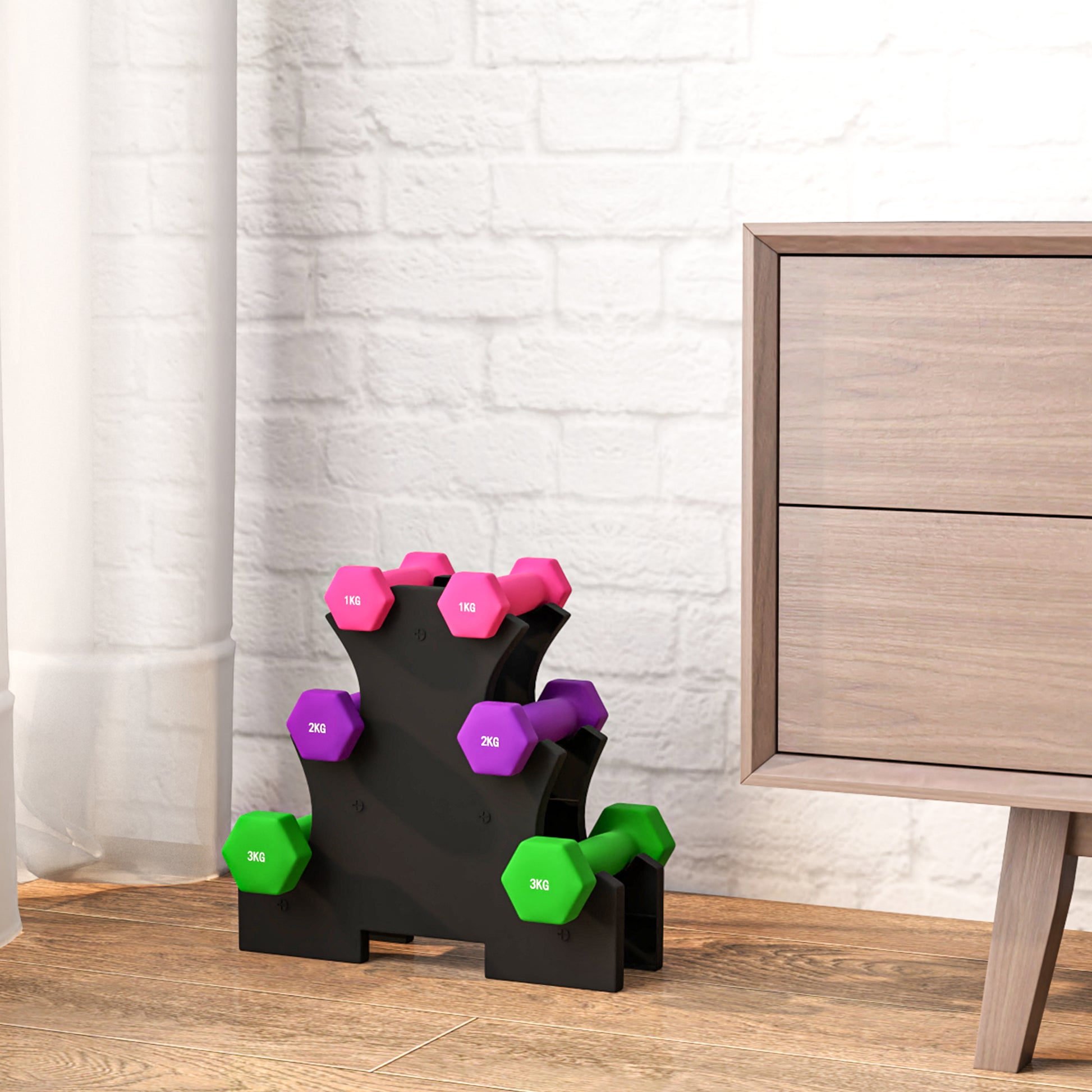 SPORTNOW Hexagonal Dumbbell Set 2 x 1kg 2 x 2kg 2 x 3kg with Storage Stand for Home Gym Exercise Training Multicolor