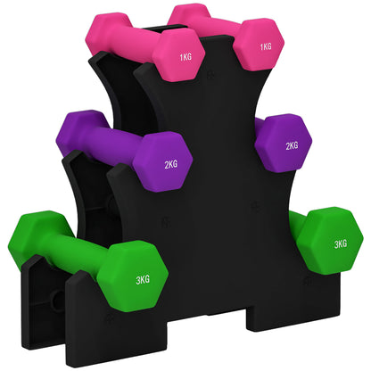 SPORTNOW Hexagonal Dumbbell Set 2 x 1kg 2 x 2kg 2 x 3kg with Storage Stand for Home Gym Exercise Training Multicolor