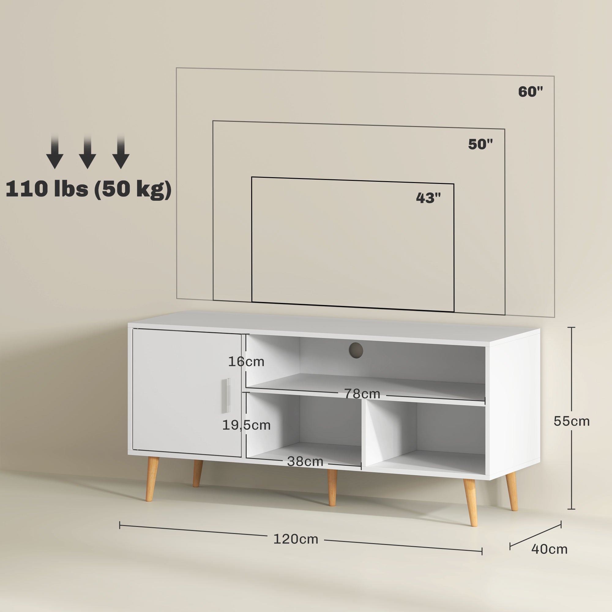 TV Stand for TVs up to 60" Modern TV Table with Cabinet and 3 Compartments 120x40x55 cm White