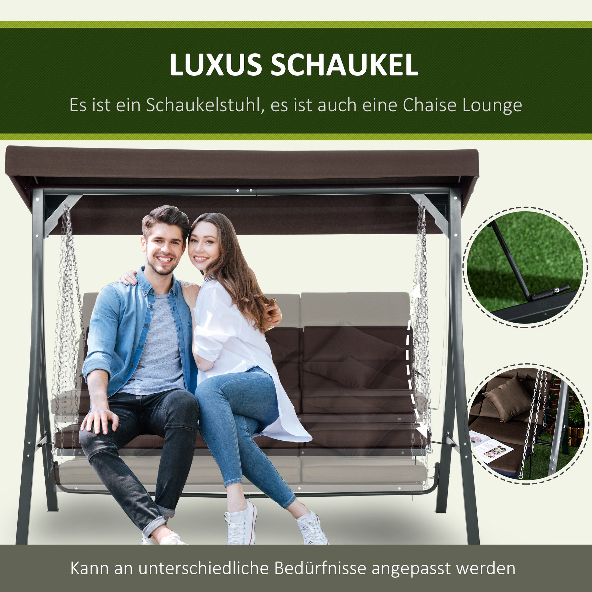 3-Seater Hollywood Swing, Swing Bench with Adjustable Sun Canopy, Garden Swing with Cushions, Holds up to 270 kg, Metal, Texteline, Brown, 198 x 118 x 168 cm