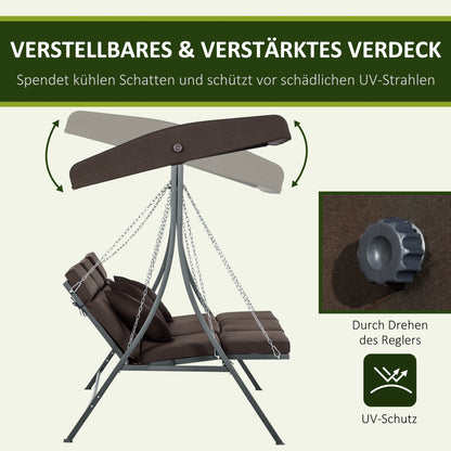 3-Seater Hollywood Swing, Swing Bench with Adjustable Sun Canopy, Garden Swing with Cushions, Holds up to 270 kg, Metal, Texteline, Brown, 198 x 118 x 168 cm