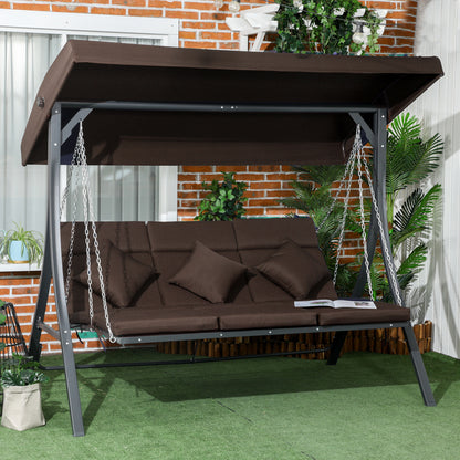 3-Seater Hollywood Swing, Swing Bench with Adjustable Sun Canopy, Garden Swing with Cushions, Holds up to 270 kg, Metal, Texteline, Brown, 198 x 118 x 168 cm