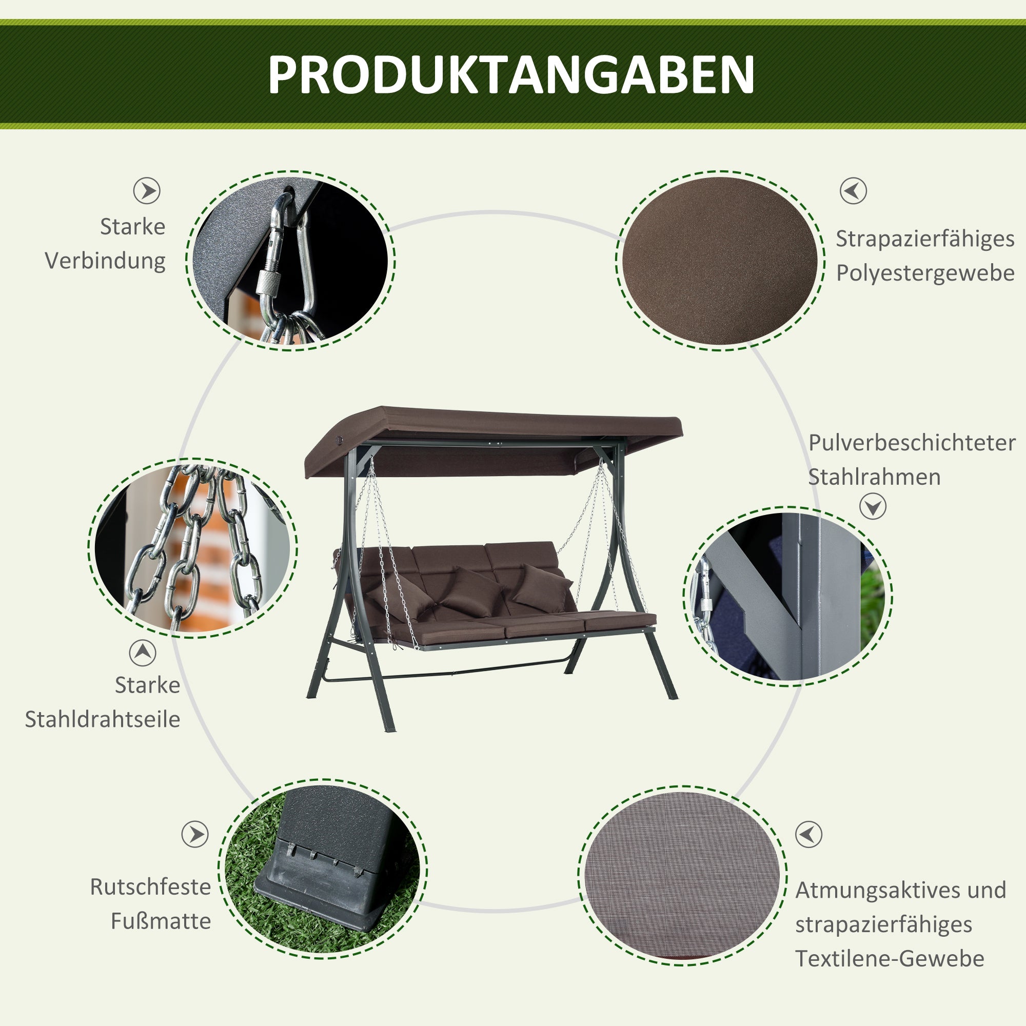 3-Seater Hollywood Swing, Swing Bench with Adjustable Sun Canopy, Garden Swing with Cushions, Holds up to 270 kg, Metal, Texteline, Brown, 198 x 118 x 168 cm