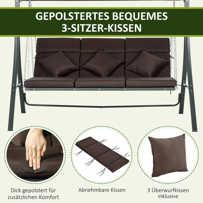 3-Seater Hollywood Swing, Swing Bench with Adjustable Sun Canopy, Garden Swing with Cushions, Holds up to 270 kg, Metal, Texteline, Brown, 198 x 118 x 168 cm