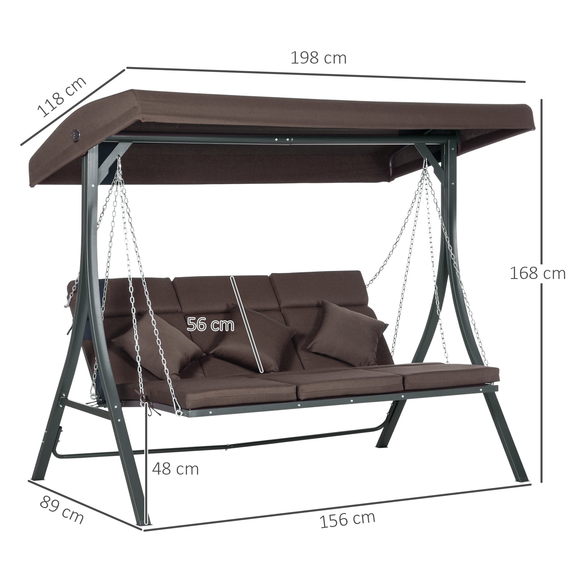 3-Seater Hollywood Swing, Swing Bench with Adjustable Sun Canopy, Garden Swing with Cushions, Holds up to 270 kg, Metal, Texteline, Brown, 198 x 118 x 168 cm