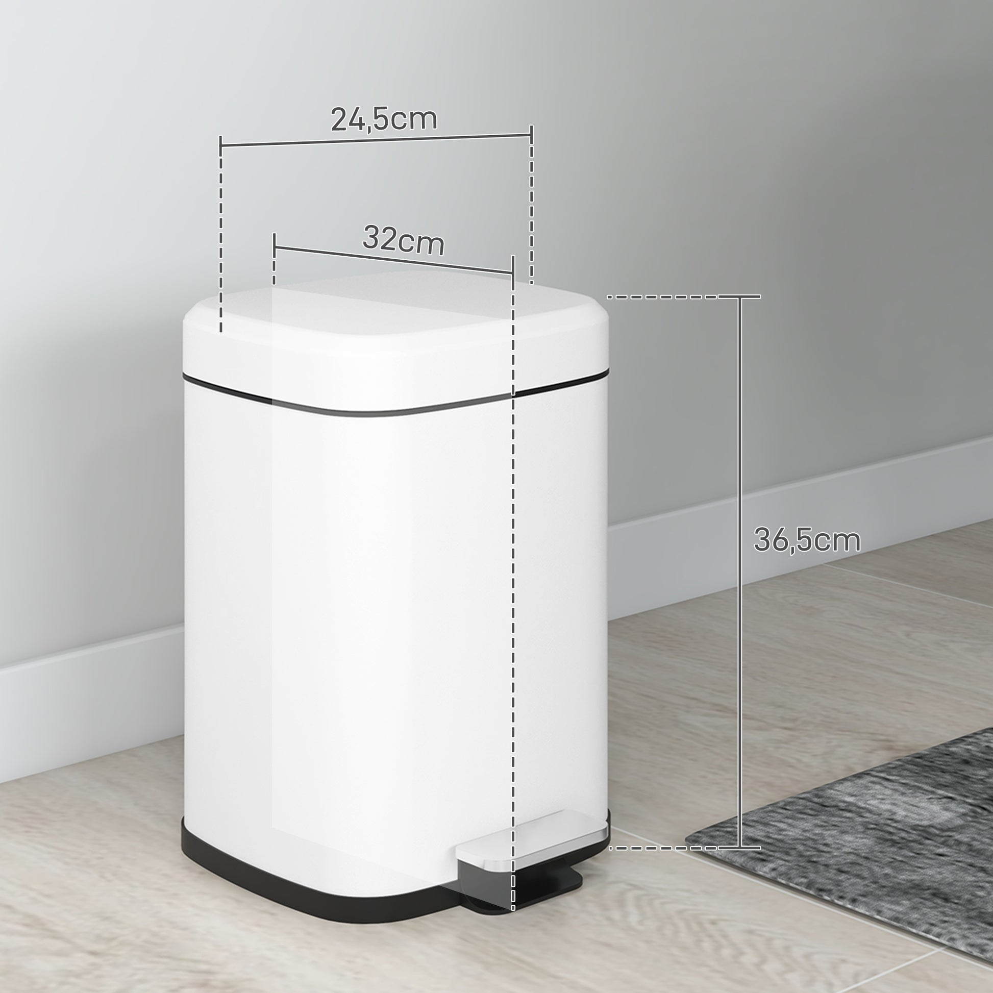 12L Kitchen Bin Pedal Trash Can in Stainless Steel with Soft-Close Lid, Compact, Removable Inner Bucket, 24.5 x 32 x 36.5 cm, White