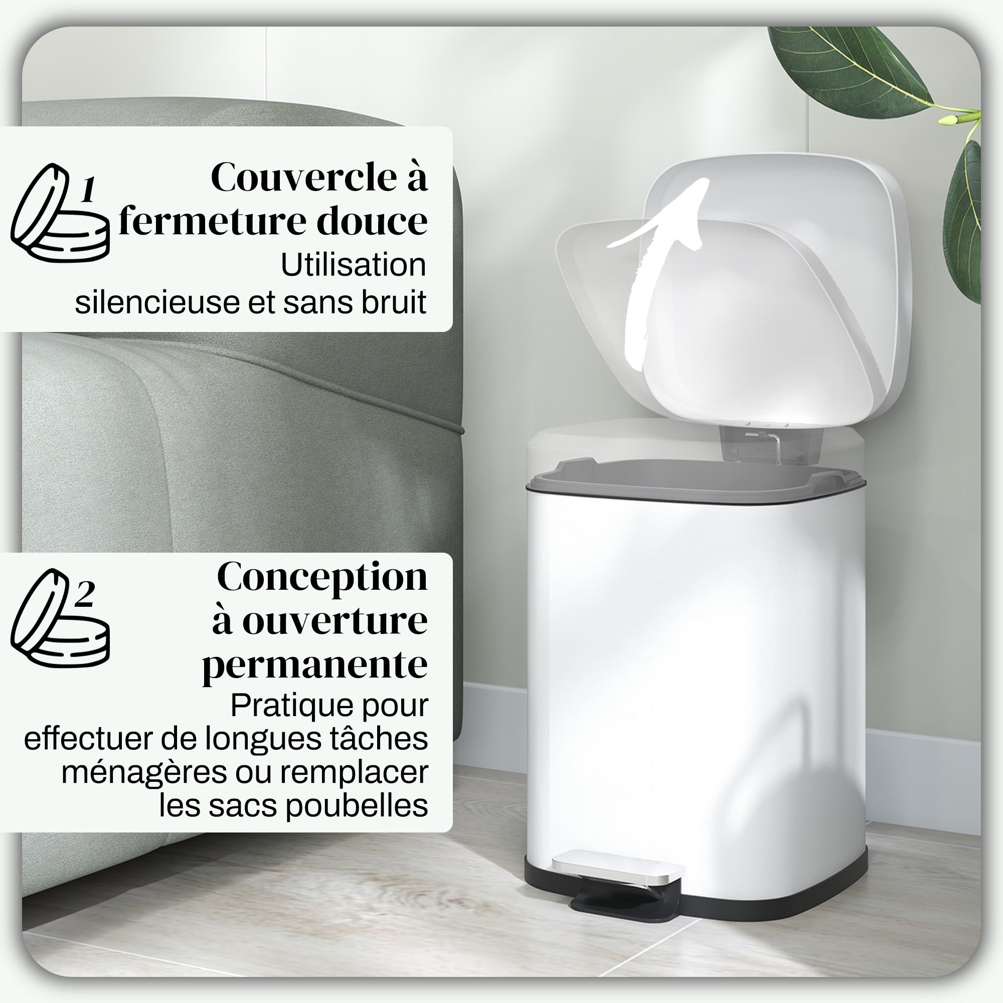 12L Kitchen Bin Pedal Trash Can in Stainless Steel with Soft-Close Lid, Compact, Removable Inner Bucket, 24.5 x 32 x 36.5 cm, White